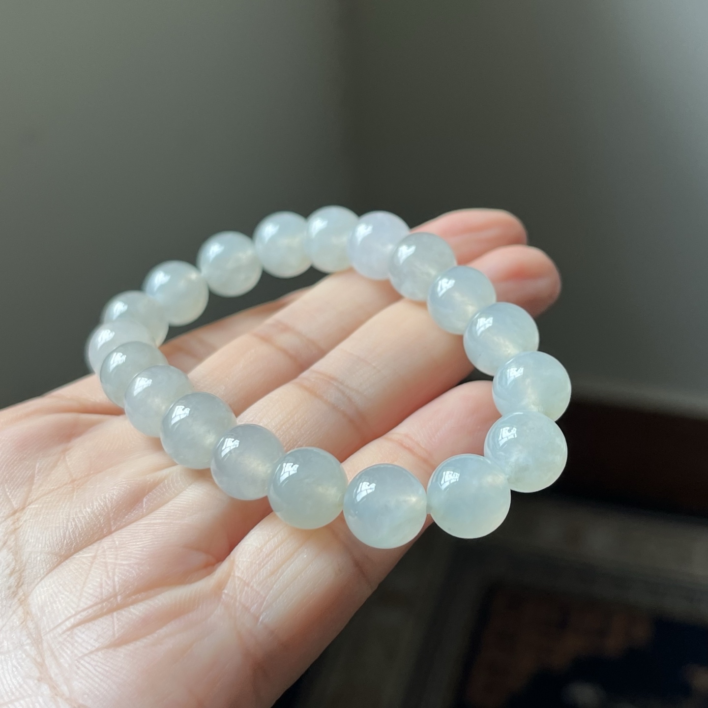 冰种圆珠手链，种水好，冰透，尺寸10.2