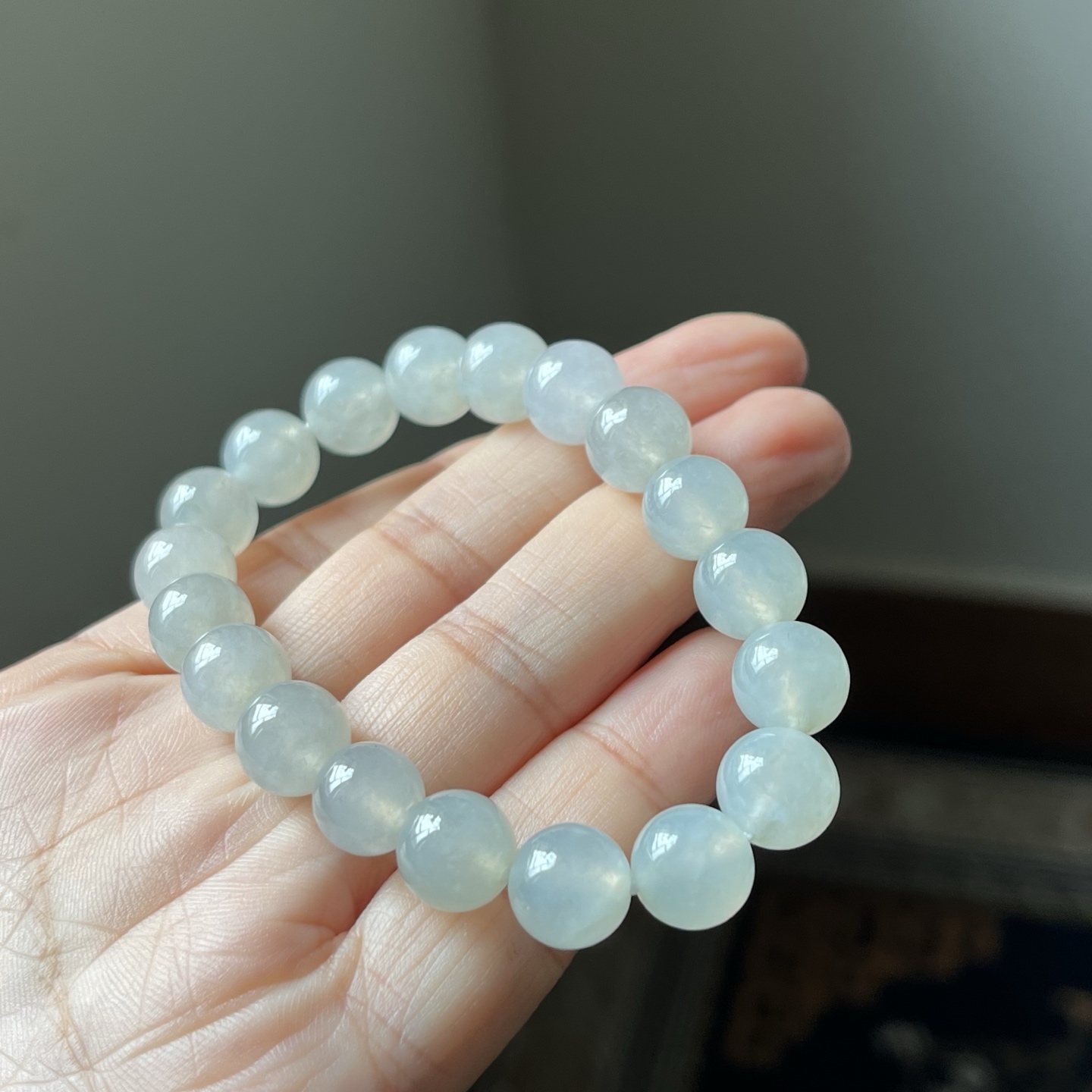 冰种圆珠手链，种水好，冰透，尺寸10.2