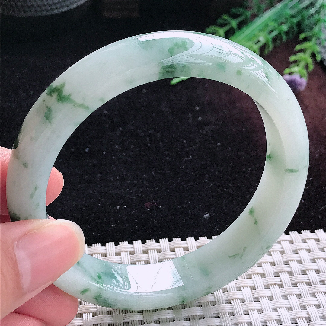 自然光60.5/13.8/8.7大圈口老坑冰润飘花手镯平安镯翡翠美人镯