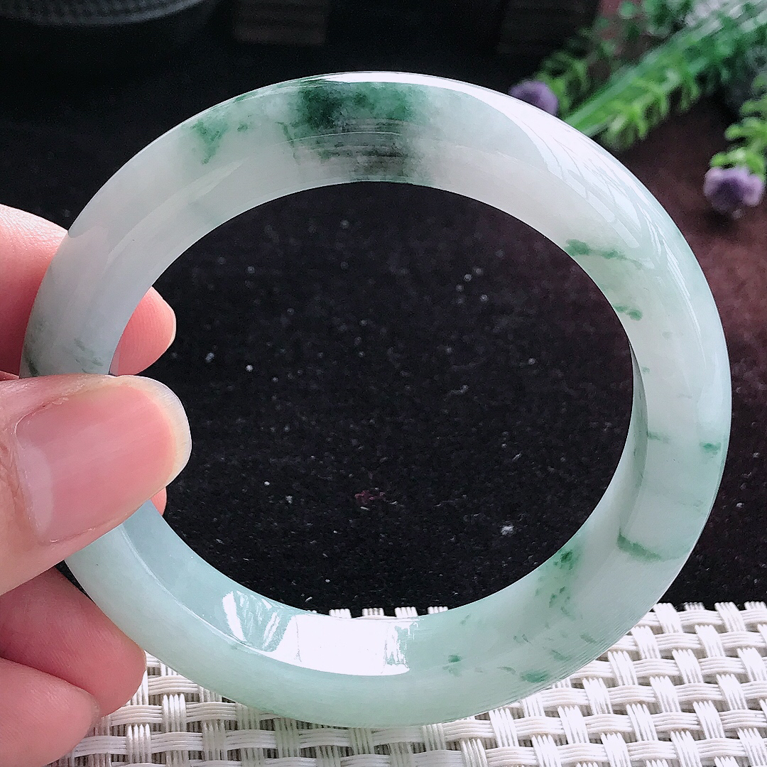 自然光55.5/12.6/9.3老坑精美冰润飘花手镯平安镯翡翠美人镯