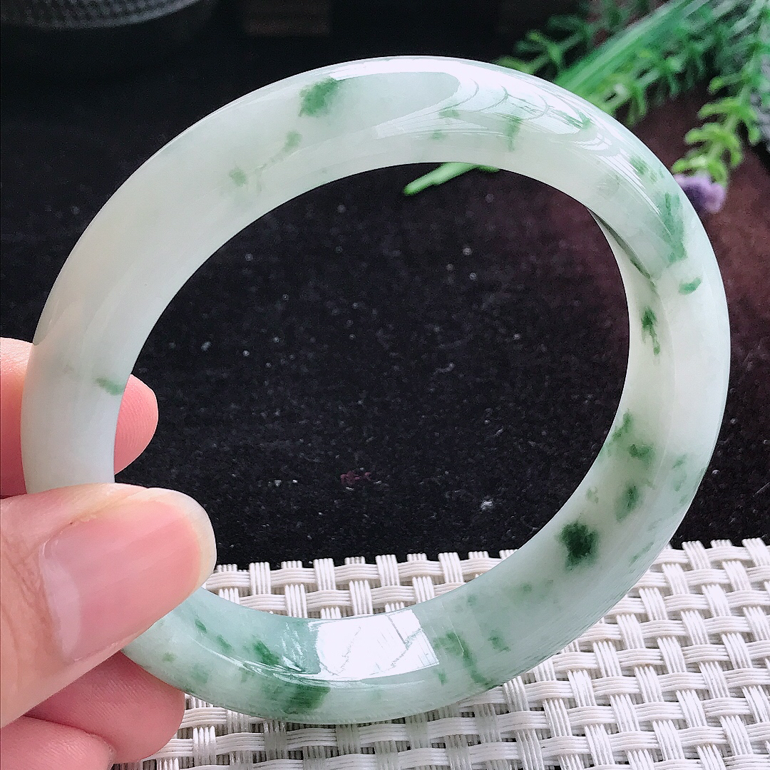 自然光60.5/13.8/8.7大圈口老坑冰润飘花手镯平安镯翡翠美人镯