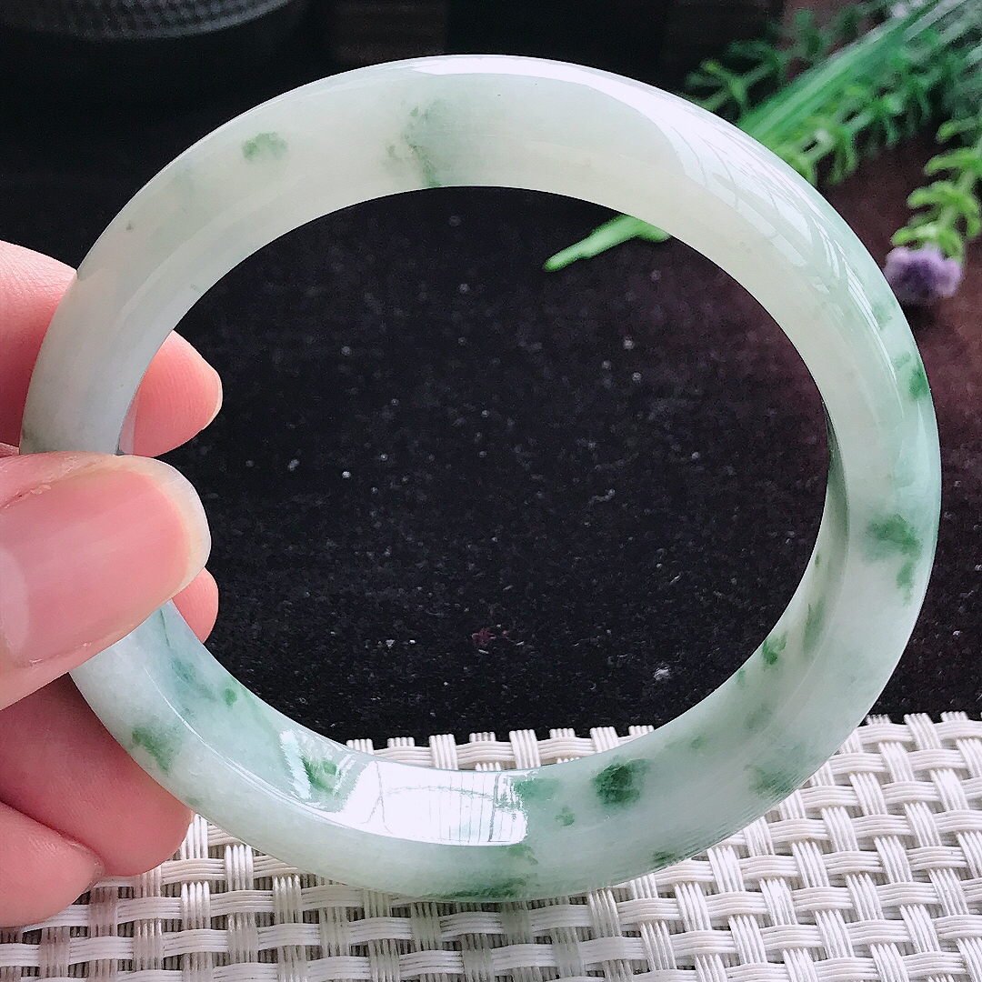 自然光60.5/13.8/8.7大圈口老坑冰润飘花手镯平安镯翡翠美人镯