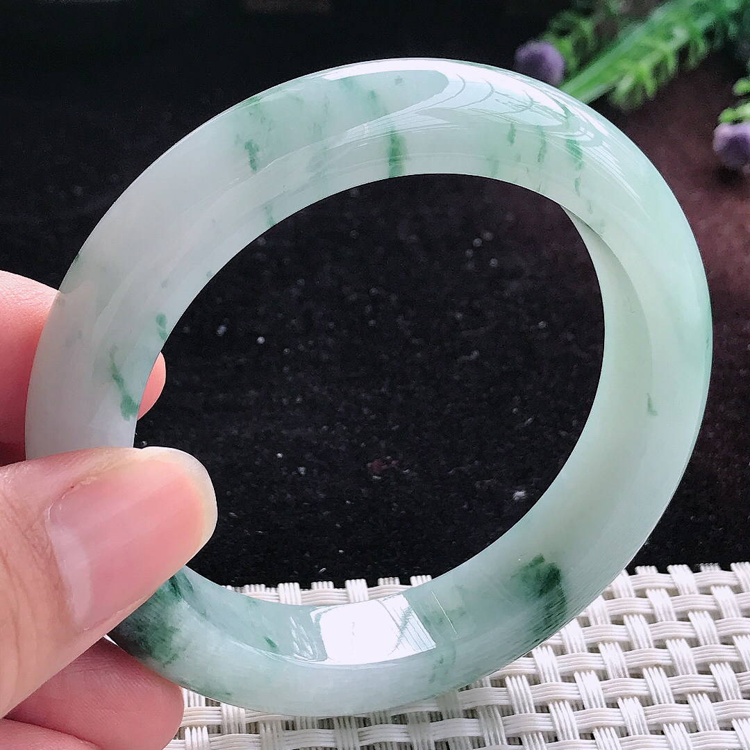 自然光55.5/12.6/9.3老坑精美冰润飘花手镯平安镯翡翠美人镯