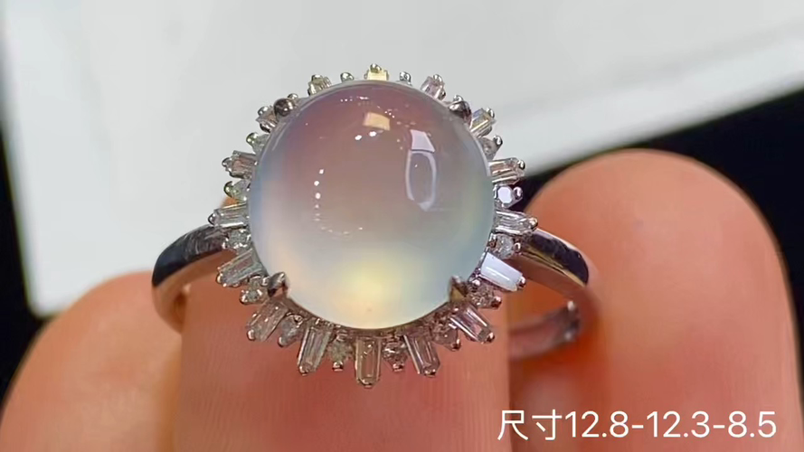 18k金+钻玻璃种蛋面戒指，无裂，12.8-12.3-8.5