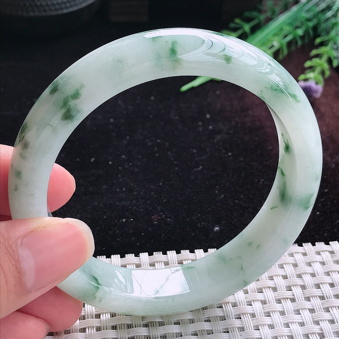 自然光60.5/13.8/8.7大圈口老坑冰润飘花手镯平安镯翡翠美人镯