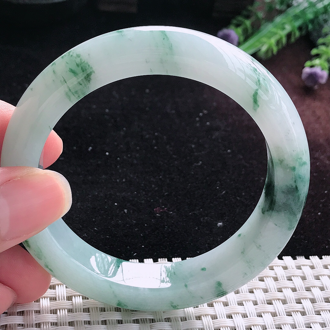 自然光55.5/12.6/9.3老坑精美冰润飘花手镯平安镯翡翠美人镯