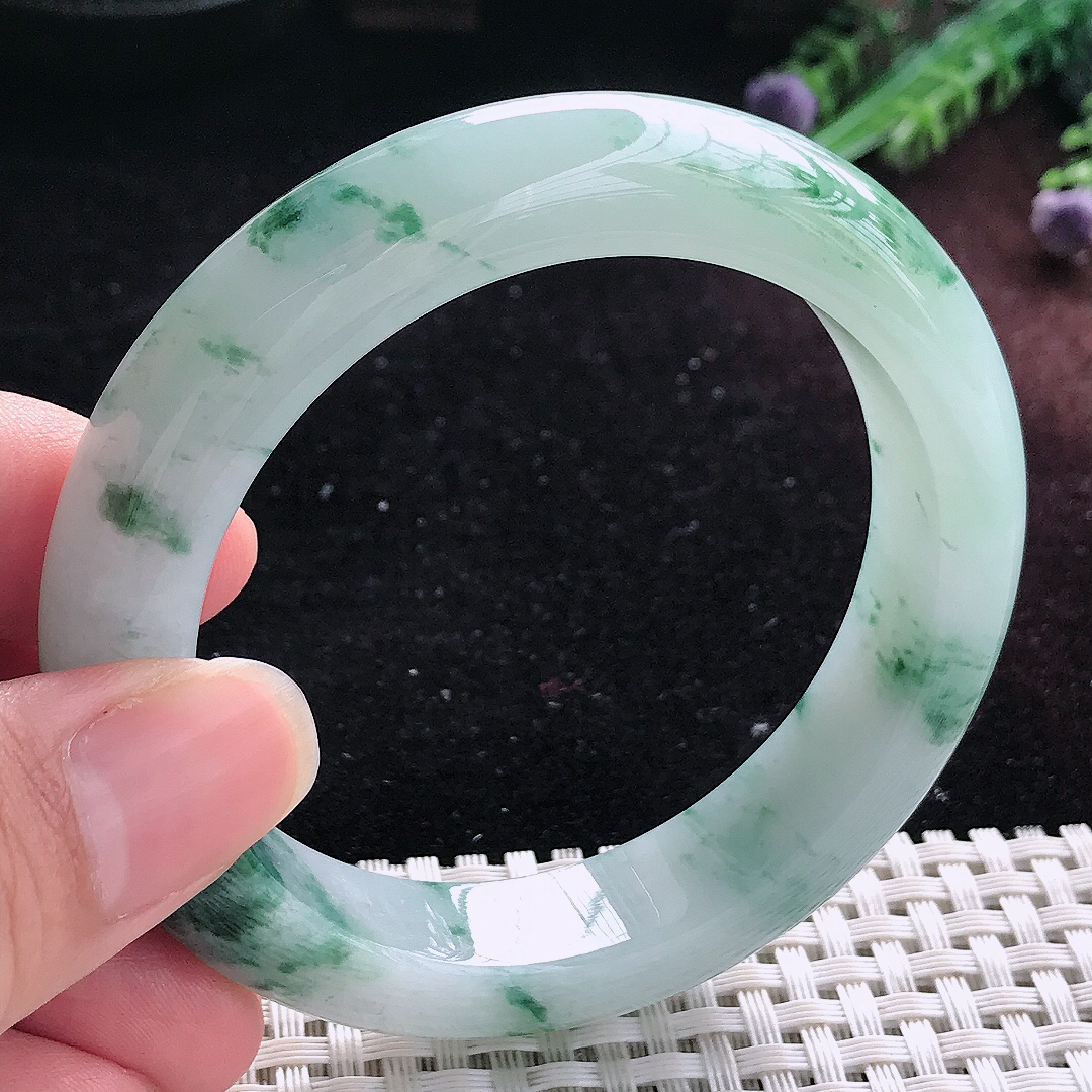 自然光55.5/12.6/9.3老坑精美冰润飘花手镯平安镯翡翠美人镯