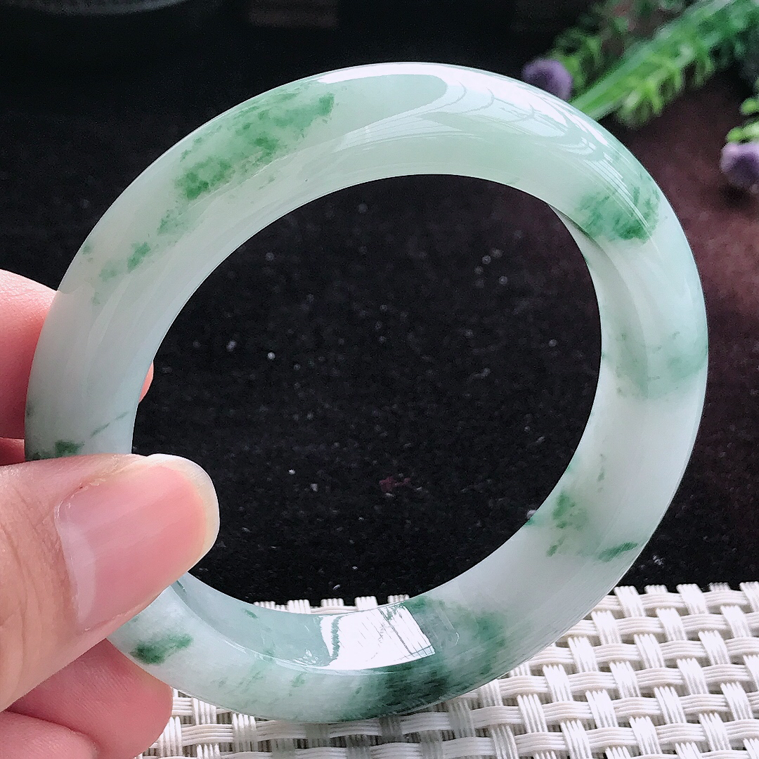 自然光55.5/12.6/9.3老坑精美冰润飘花手镯平安镯翡翠美人镯