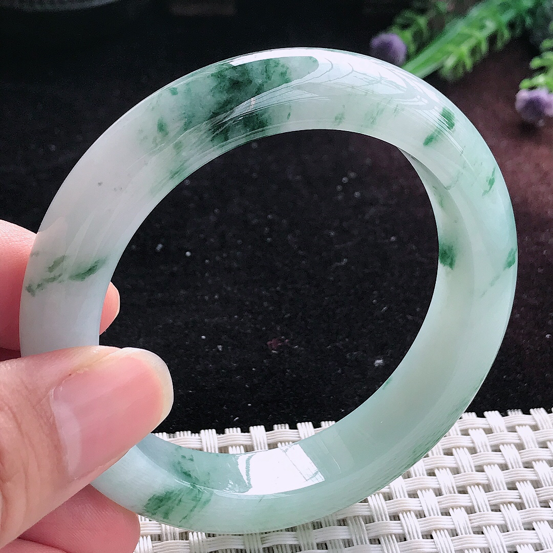 自然光55.5/12.6/9.3老坑精美冰润飘花手镯平安镯翡翠美人镯