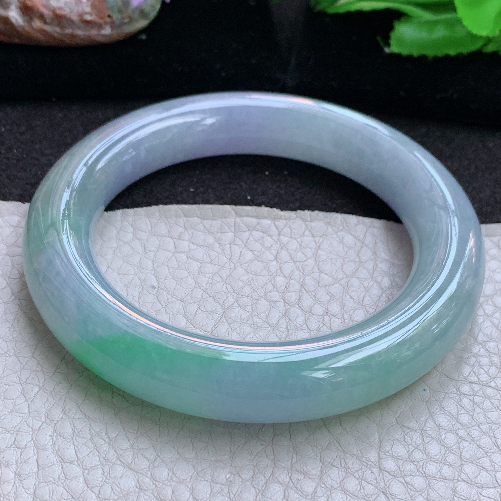 ss实拍58.5*12.5胖圆镯 缅甸翡翠a货玉手镯高品质春带彩圆条玉手环