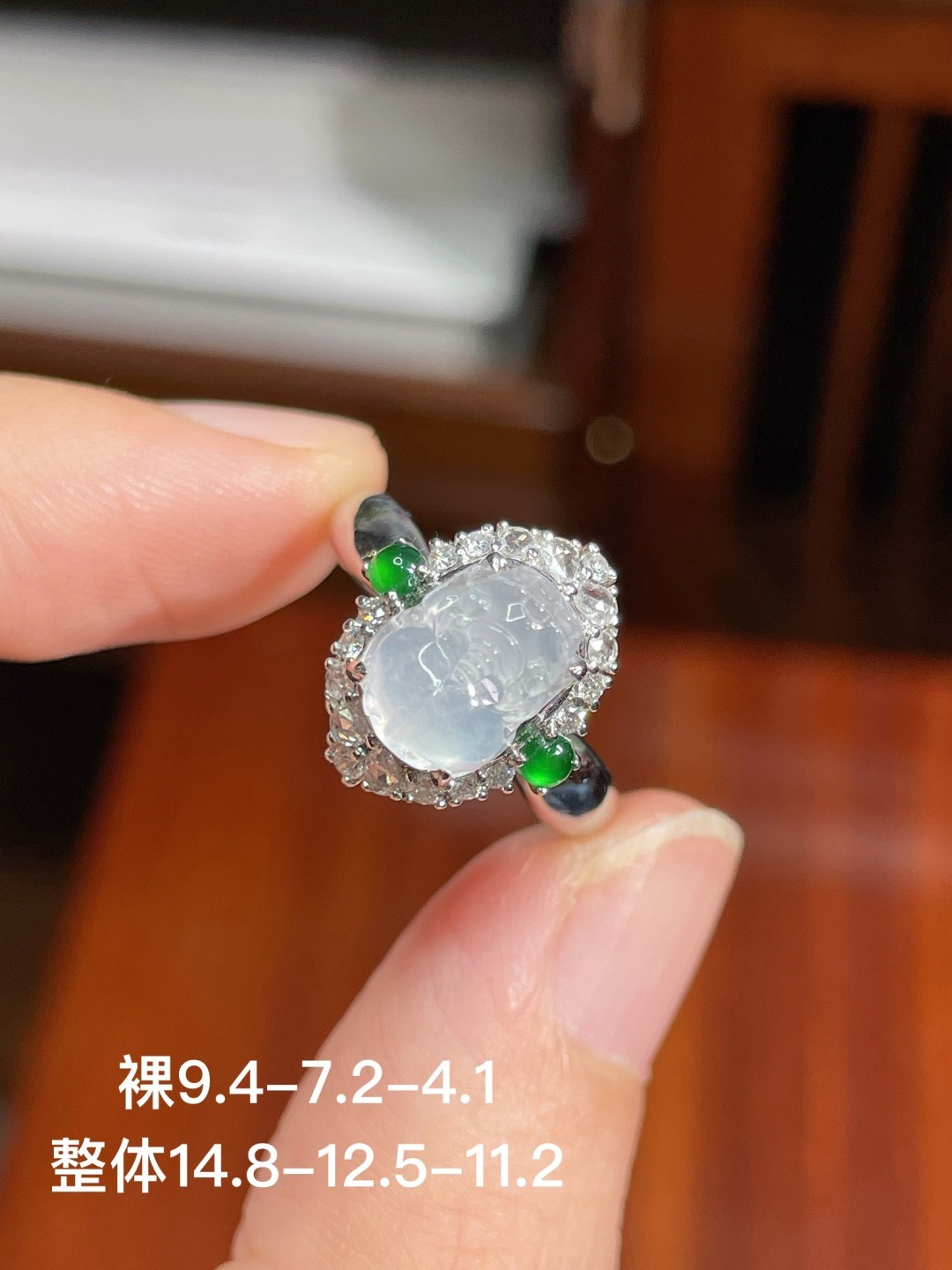 高冰貔貅戒指 无裂 18k金镶嵌，14.8-12.5-11.2