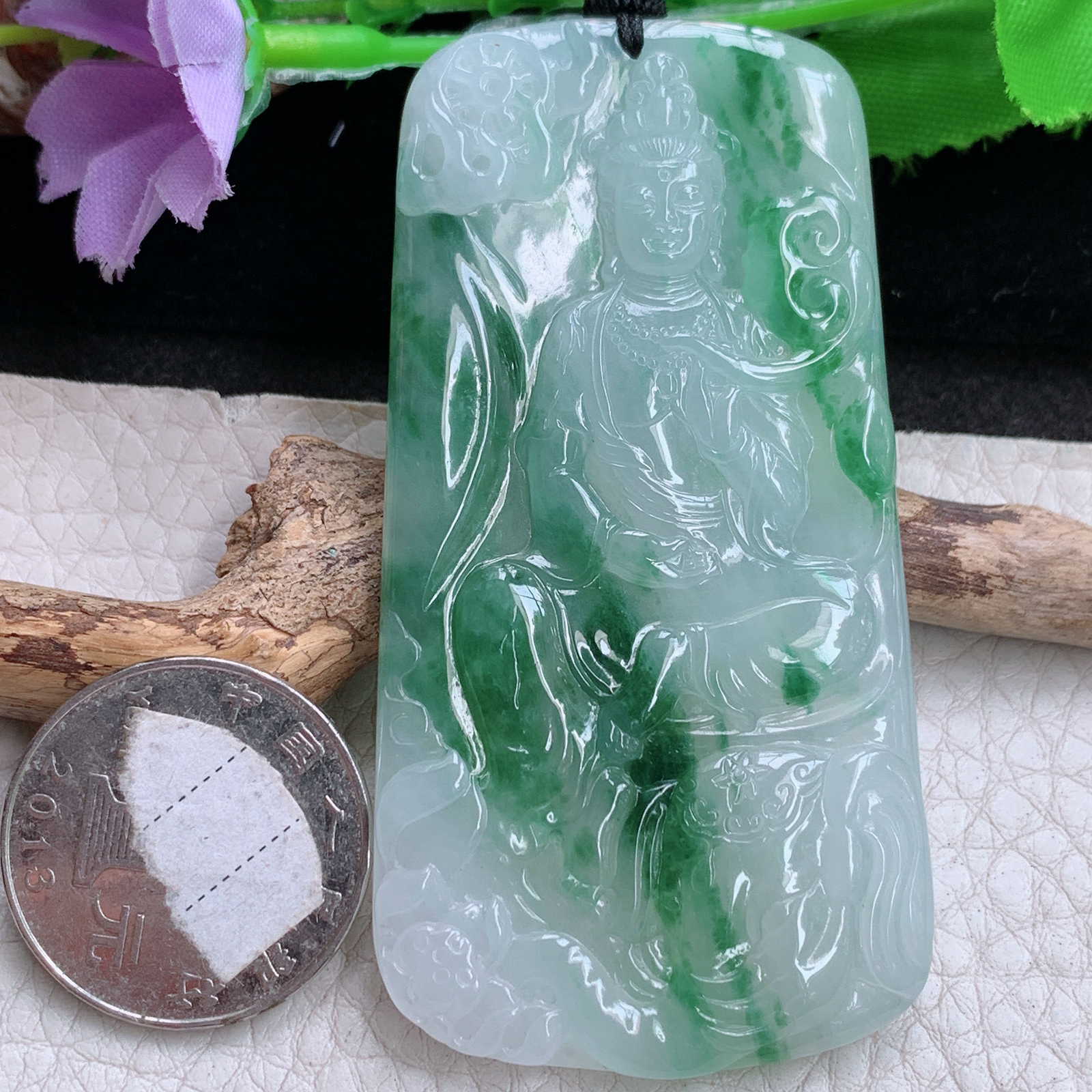 qxm实拍72.3*37.7*5.8缅甸翡翠精雕冰飘花普贤菩萨 生肖守护神玉吊坠