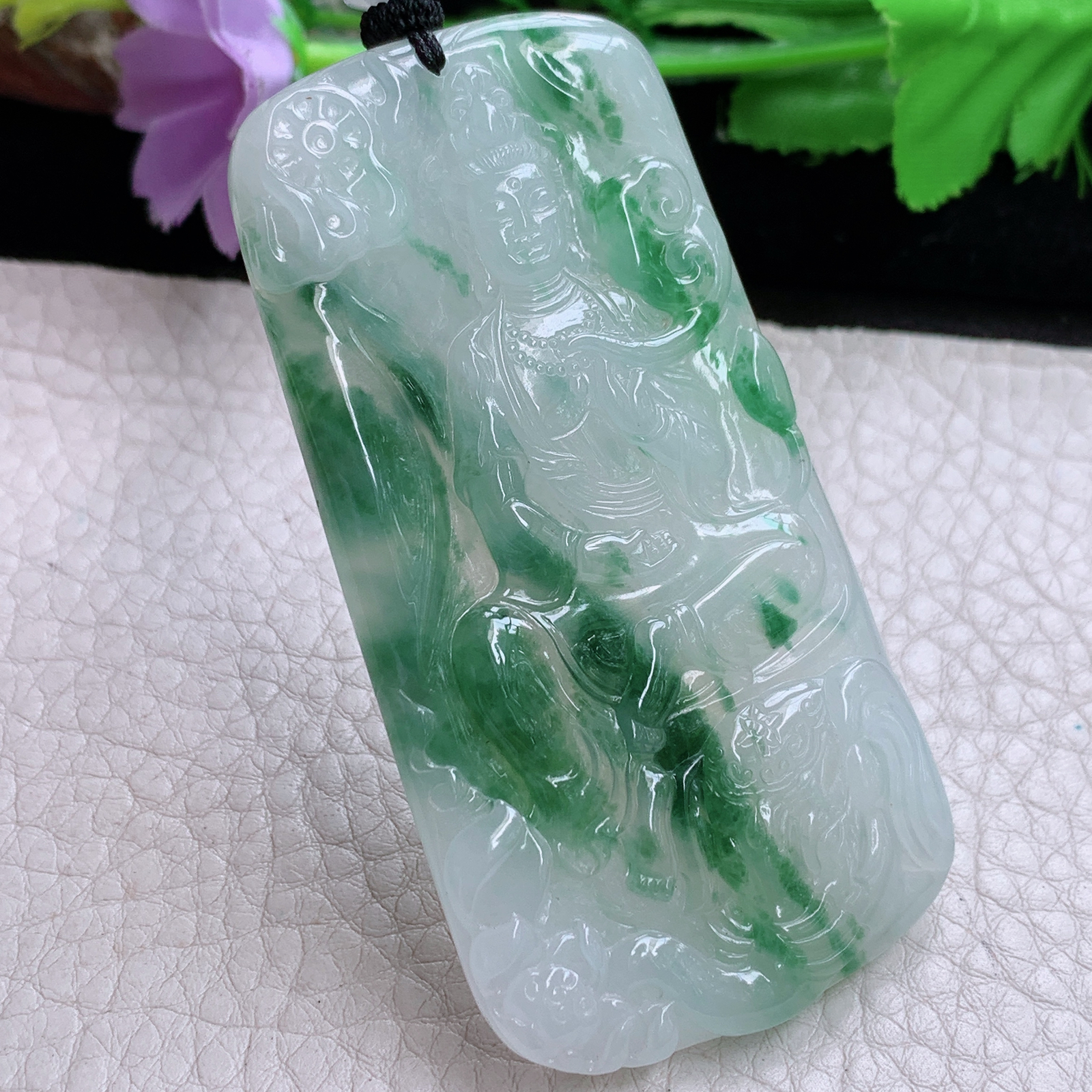 qxm实拍72.3*37.7*5.8缅甸翡翠精雕冰飘花普贤菩萨 生肖守护神玉吊坠