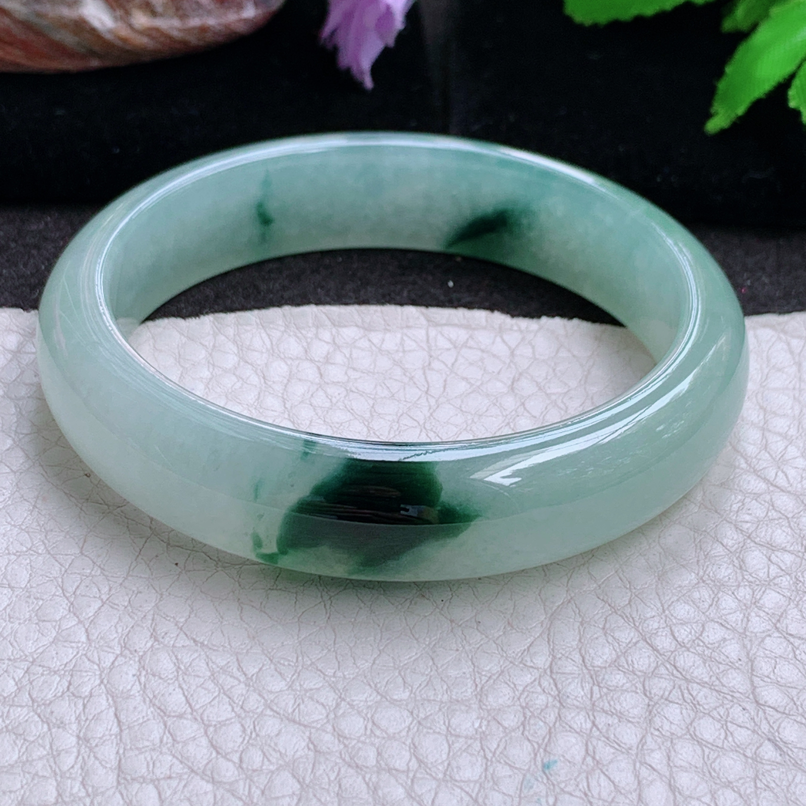 js实拍55*13*7.2平安镯 缅甸翡翠a货玉手镯高品质冰飘花正圈玉手环