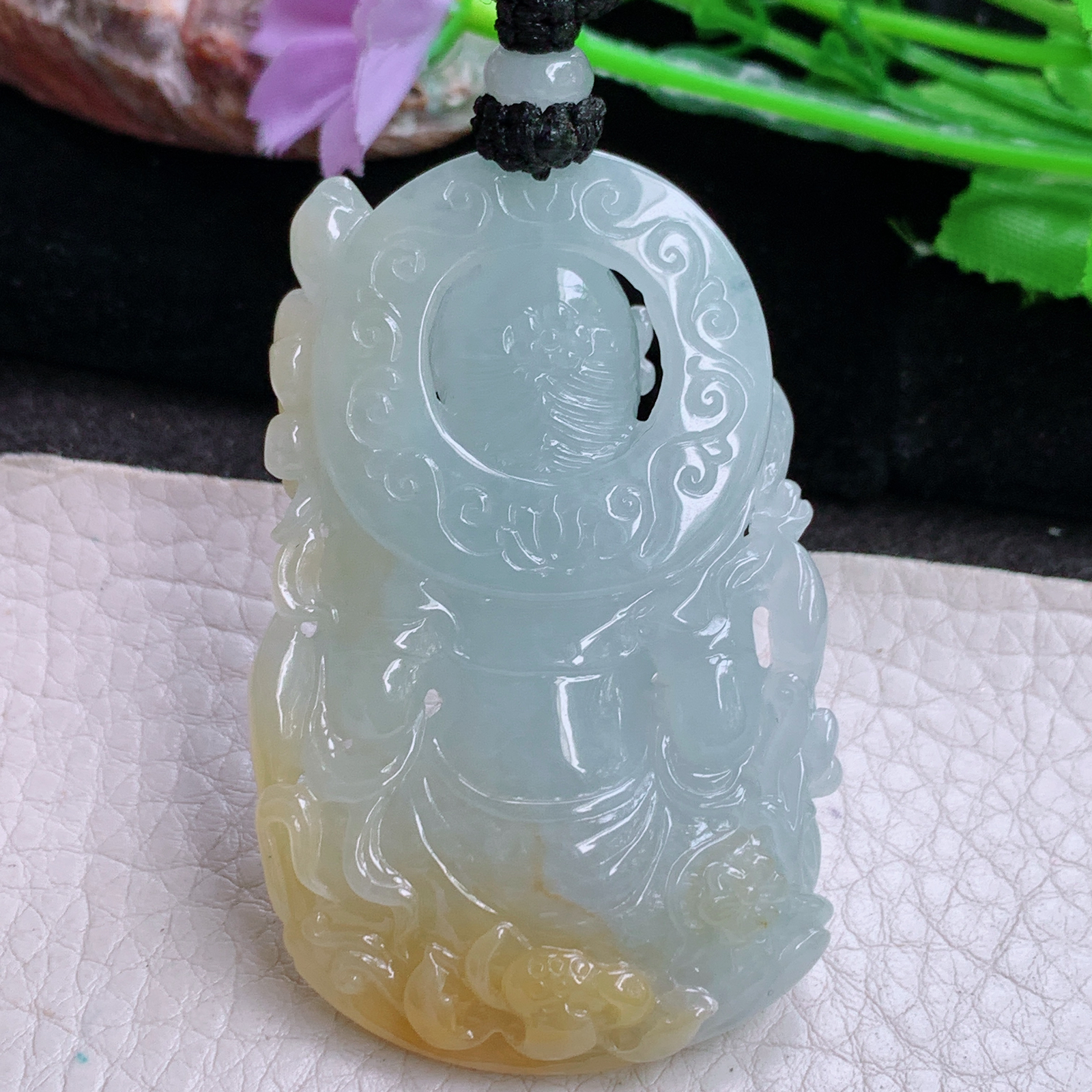 yl实拍59*38.2*12.8缅甸翡翠精雕冰双彩度母 玉观音玉吊坠