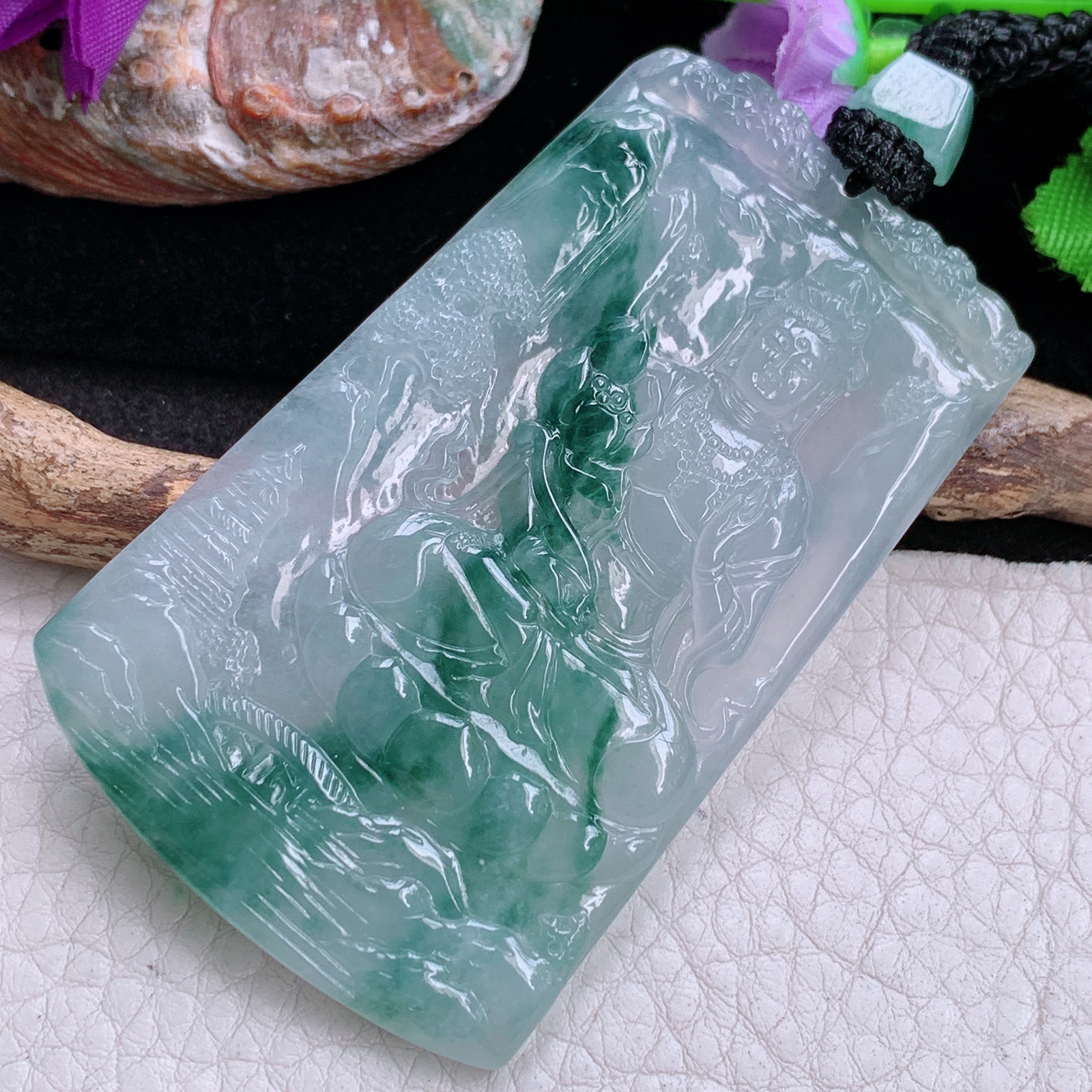 yl实拍69.8*42.6*5缅甸翡翠精雕冰飘花山水观音 玉观音玉吊坠