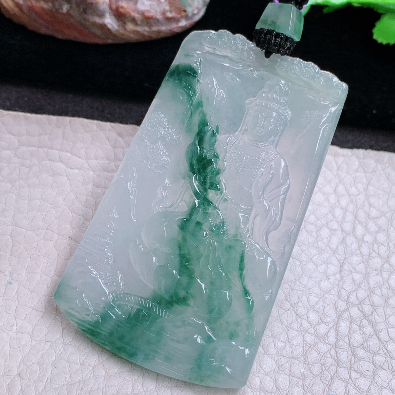 yl实拍69.8*42.6*5缅甸翡翠精雕冰飘花山水观音 玉观音玉吊坠