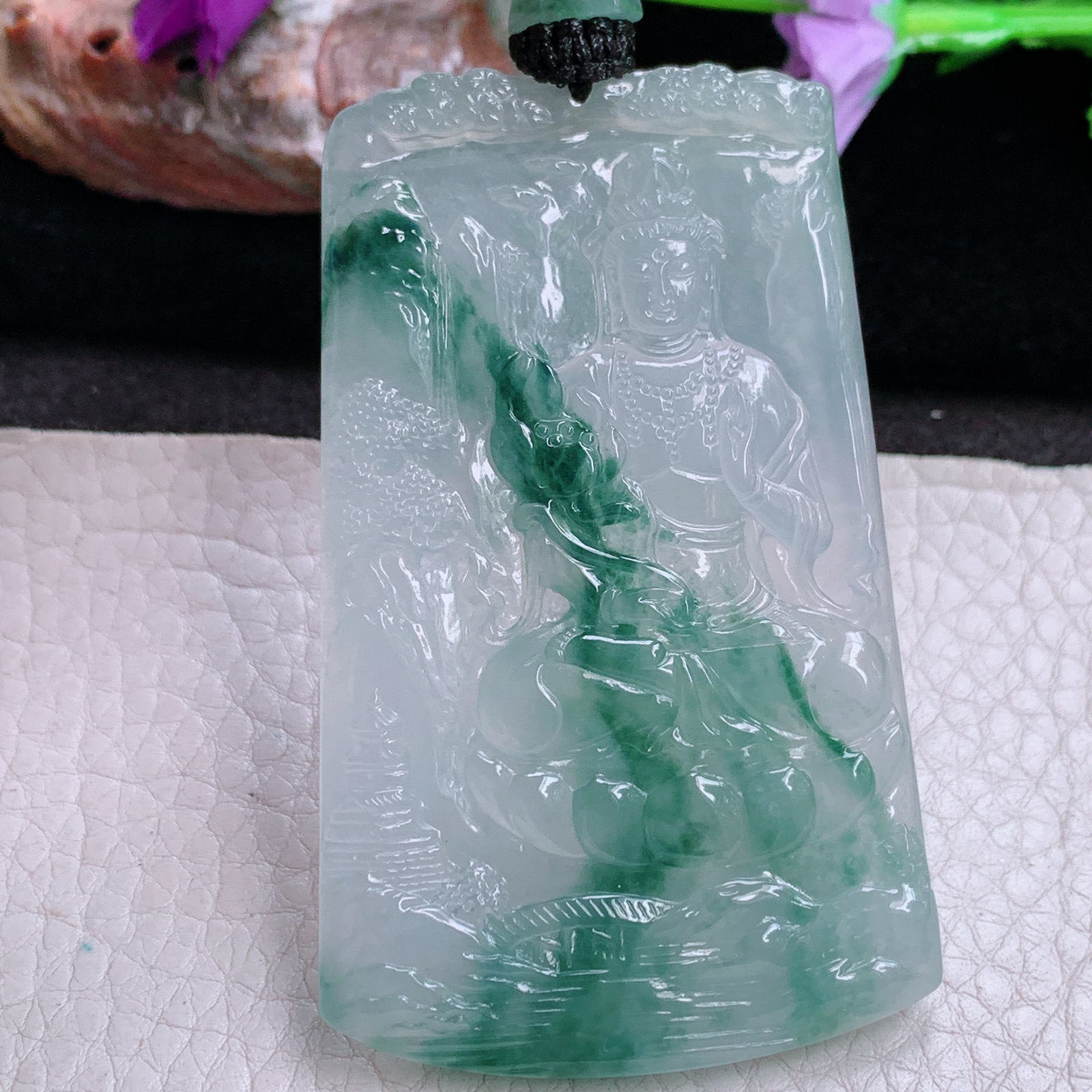 yl实拍69.8*42.6*5缅甸翡翠精雕冰飘花山水观音 玉观音玉吊坠