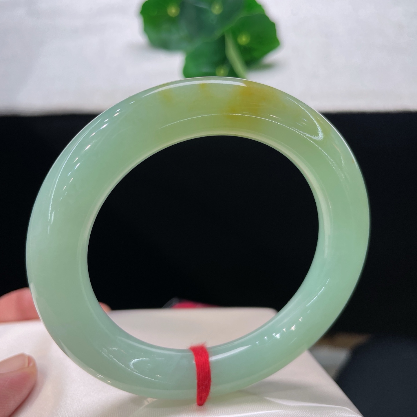 圈口56/12，晴底黄翡圆条，56/57正圈可戴，一汪浅碧凝玉，晕染蜜糖黄，清润又显贵气。无裂