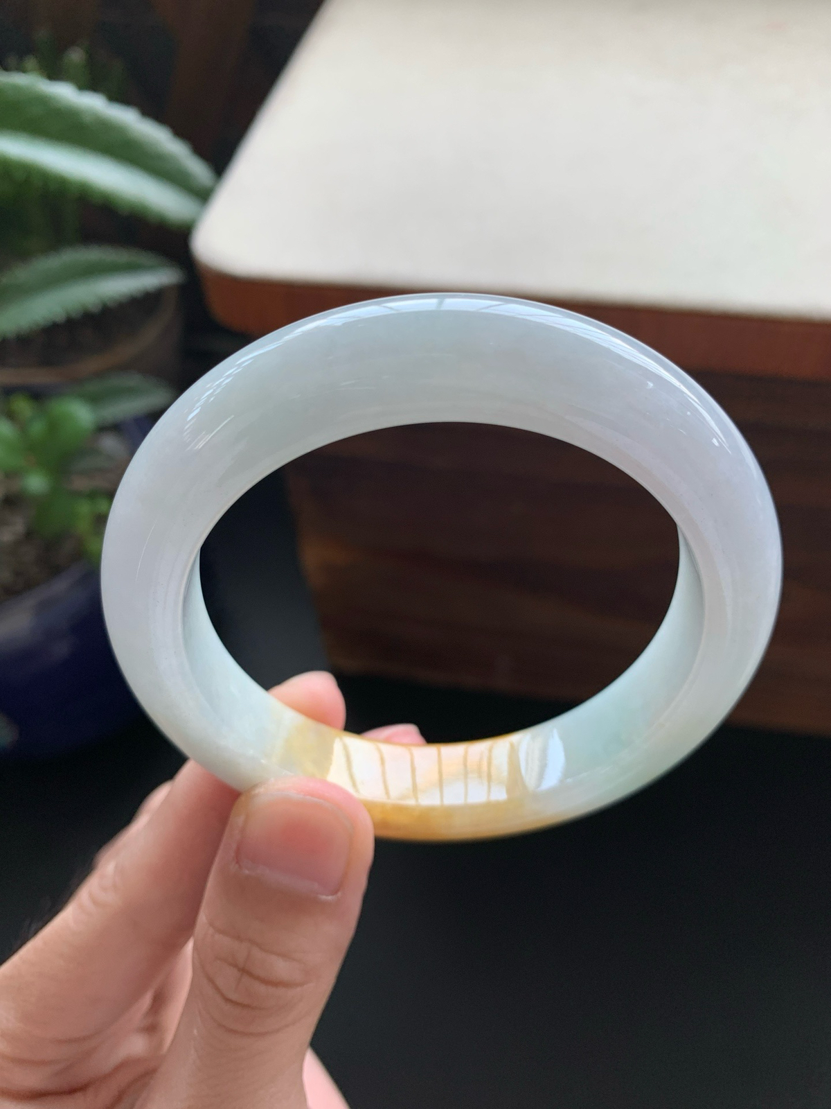 57圈口飘绿黄翡正圈手镯