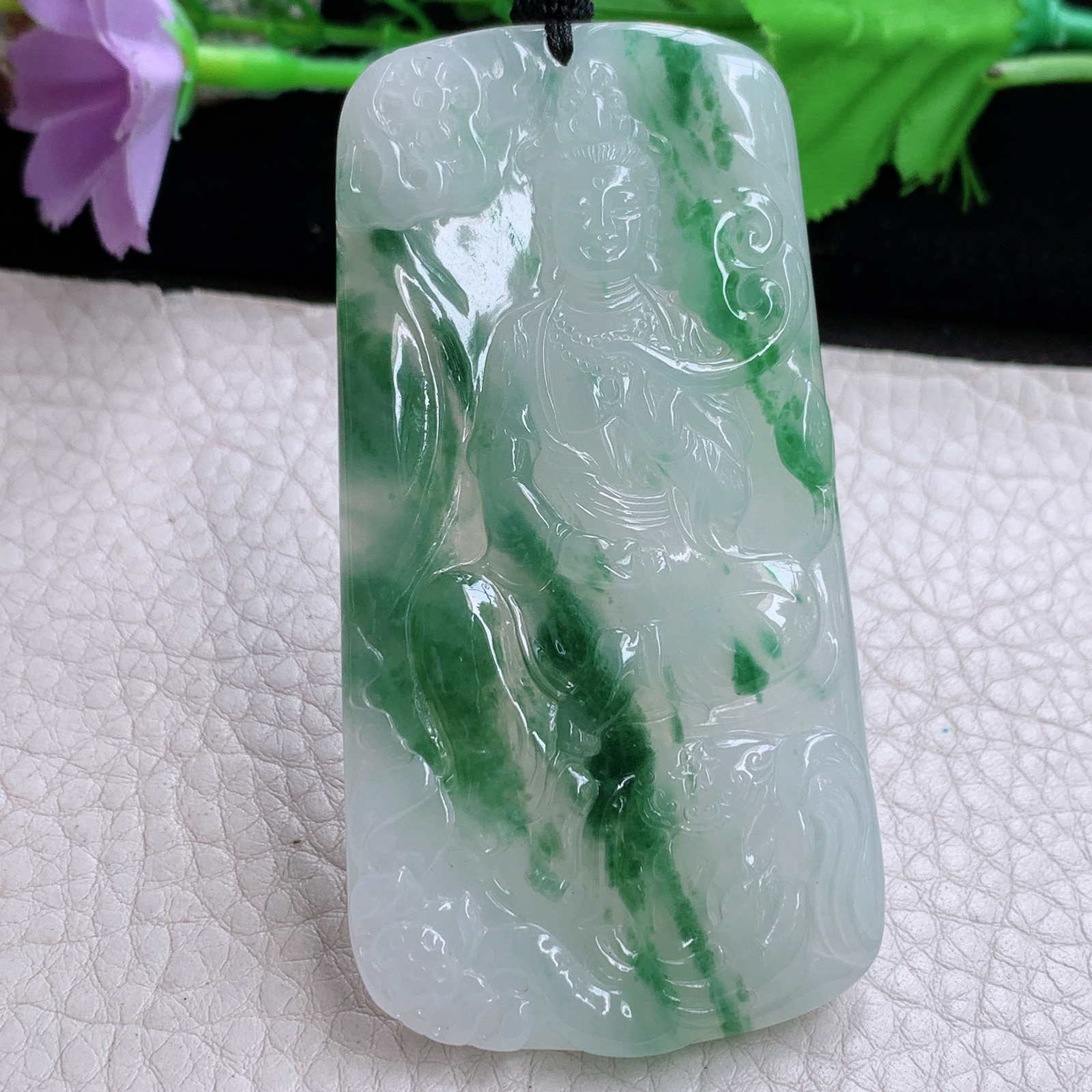 qxm实拍72.3*37.7*5.8缅甸翡翠精雕冰飘花普贤菩萨 生肖守护神玉吊坠
