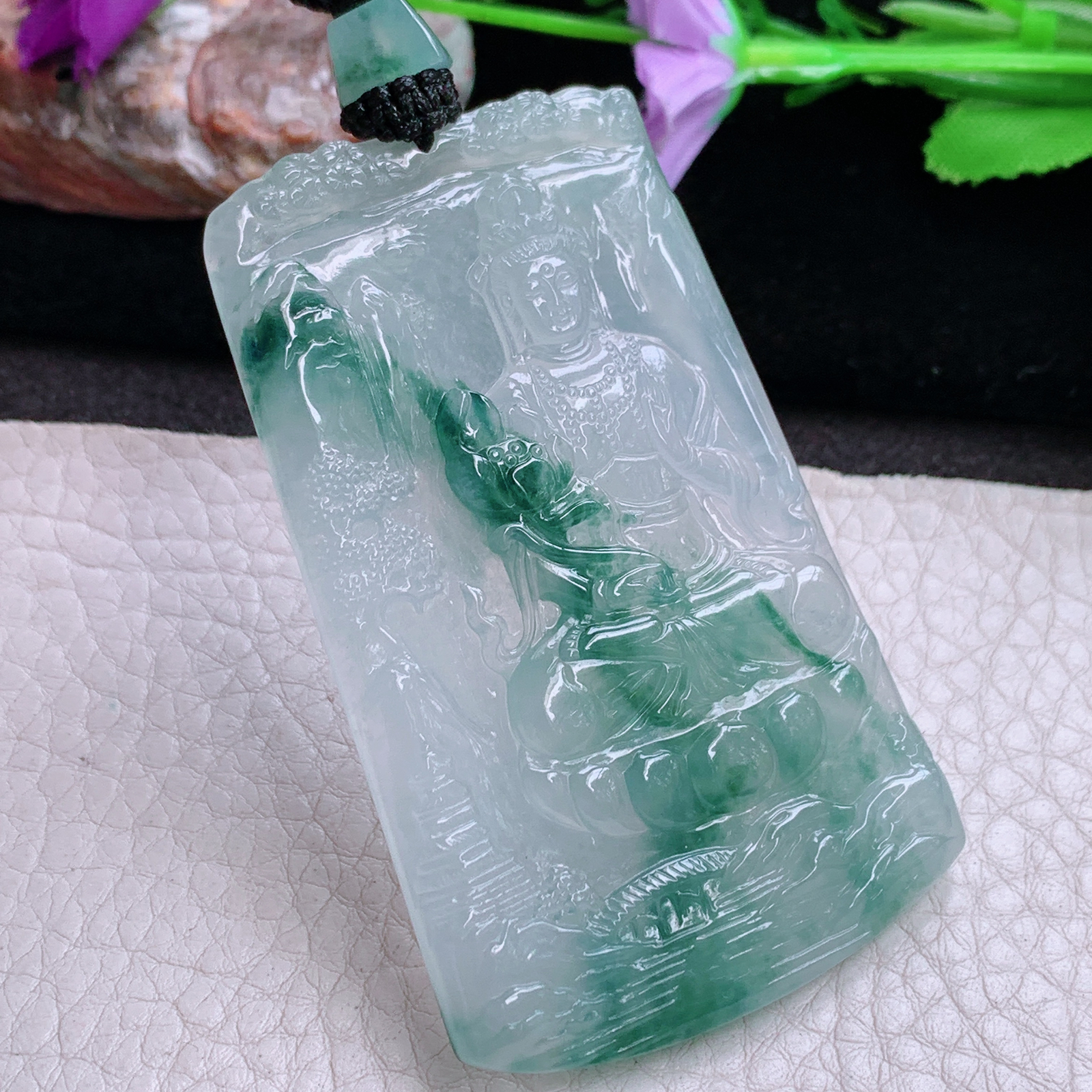 yl实拍69.8*42.6*5缅甸翡翠精雕冰飘花山水观音 玉观音玉吊坠