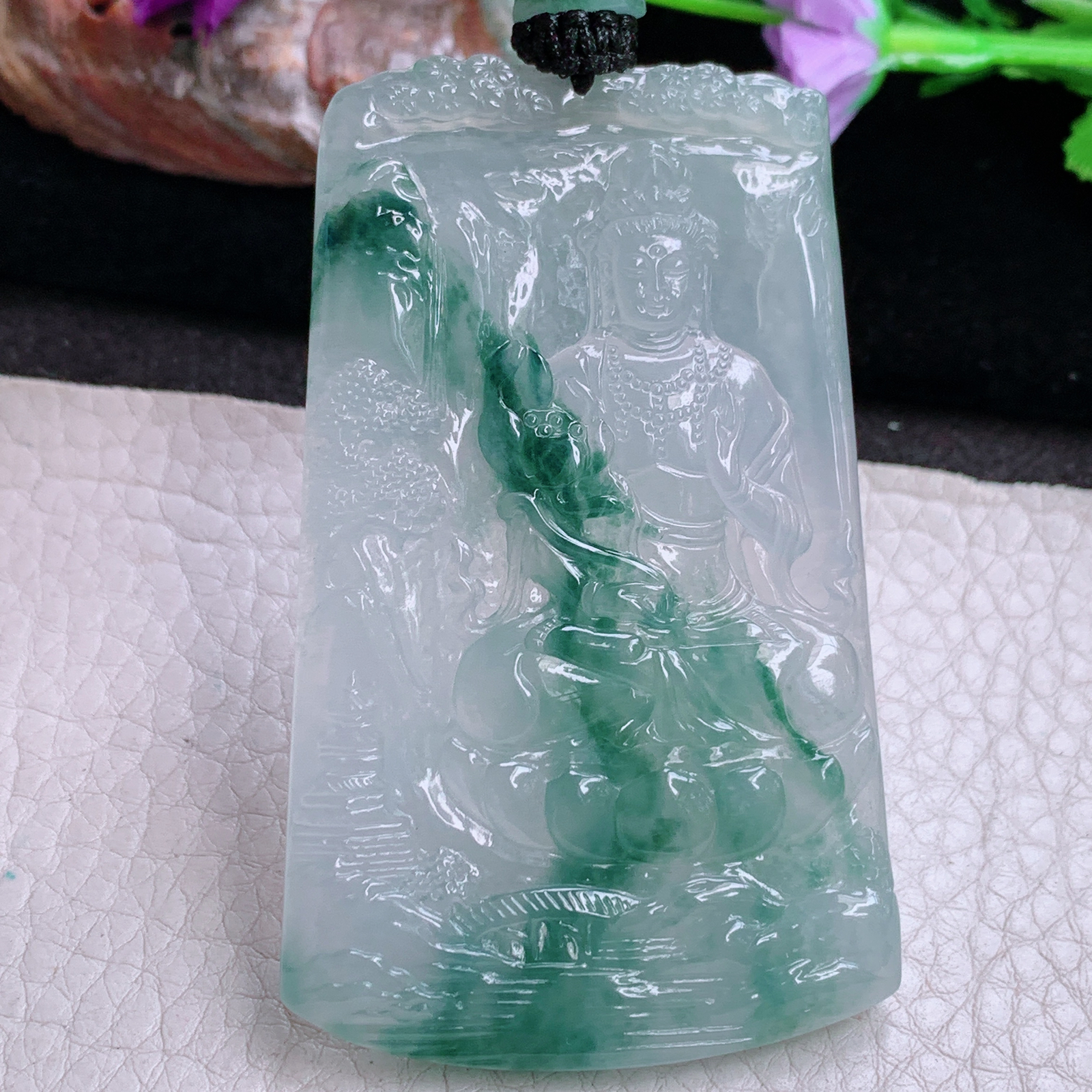 yl实拍69.8*42.6*5缅甸翡翠精雕冰飘花山水观音 玉观音玉吊坠