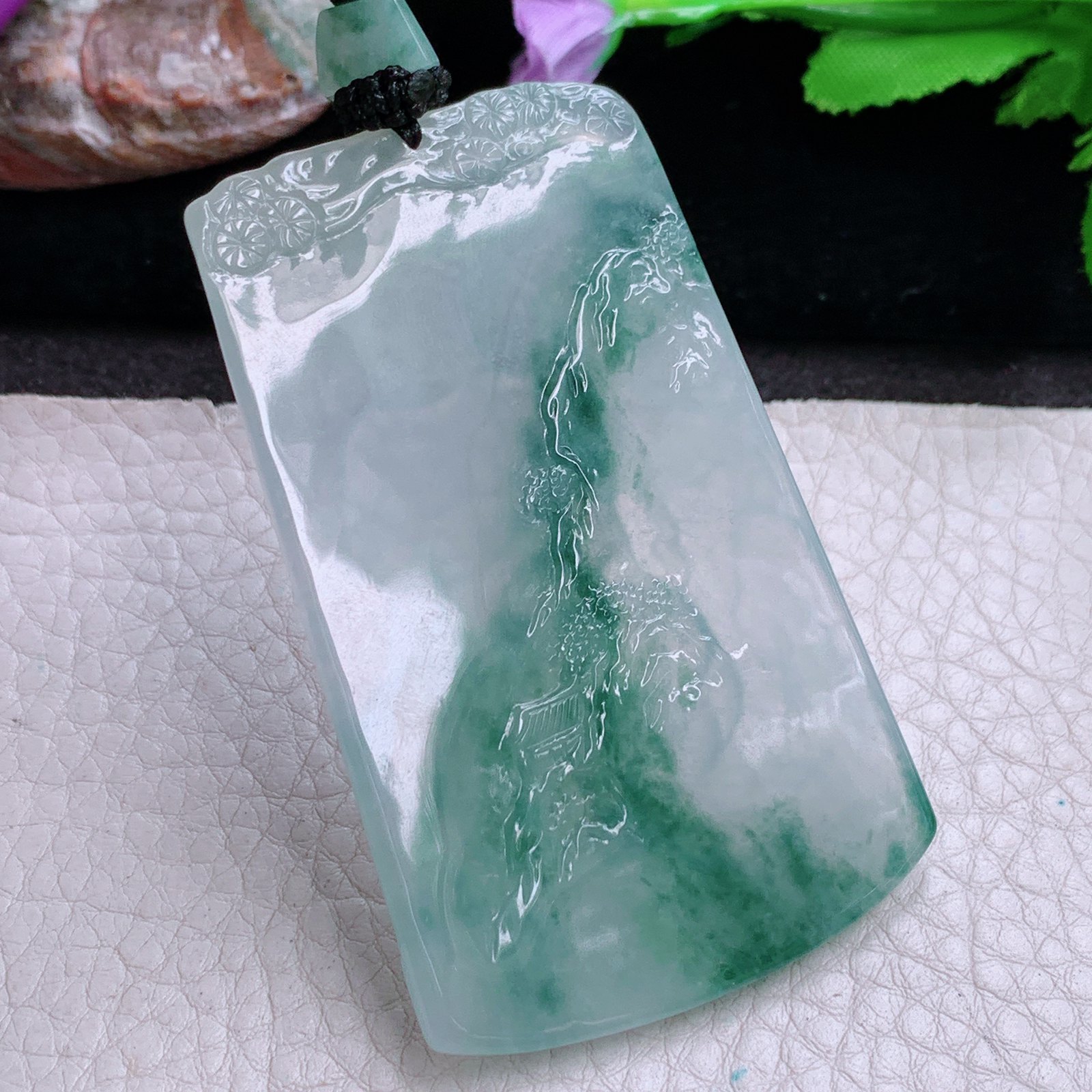 yl实拍69.8*42.6*5缅甸翡翠精雕冰飘花山水观音 玉观音玉吊坠