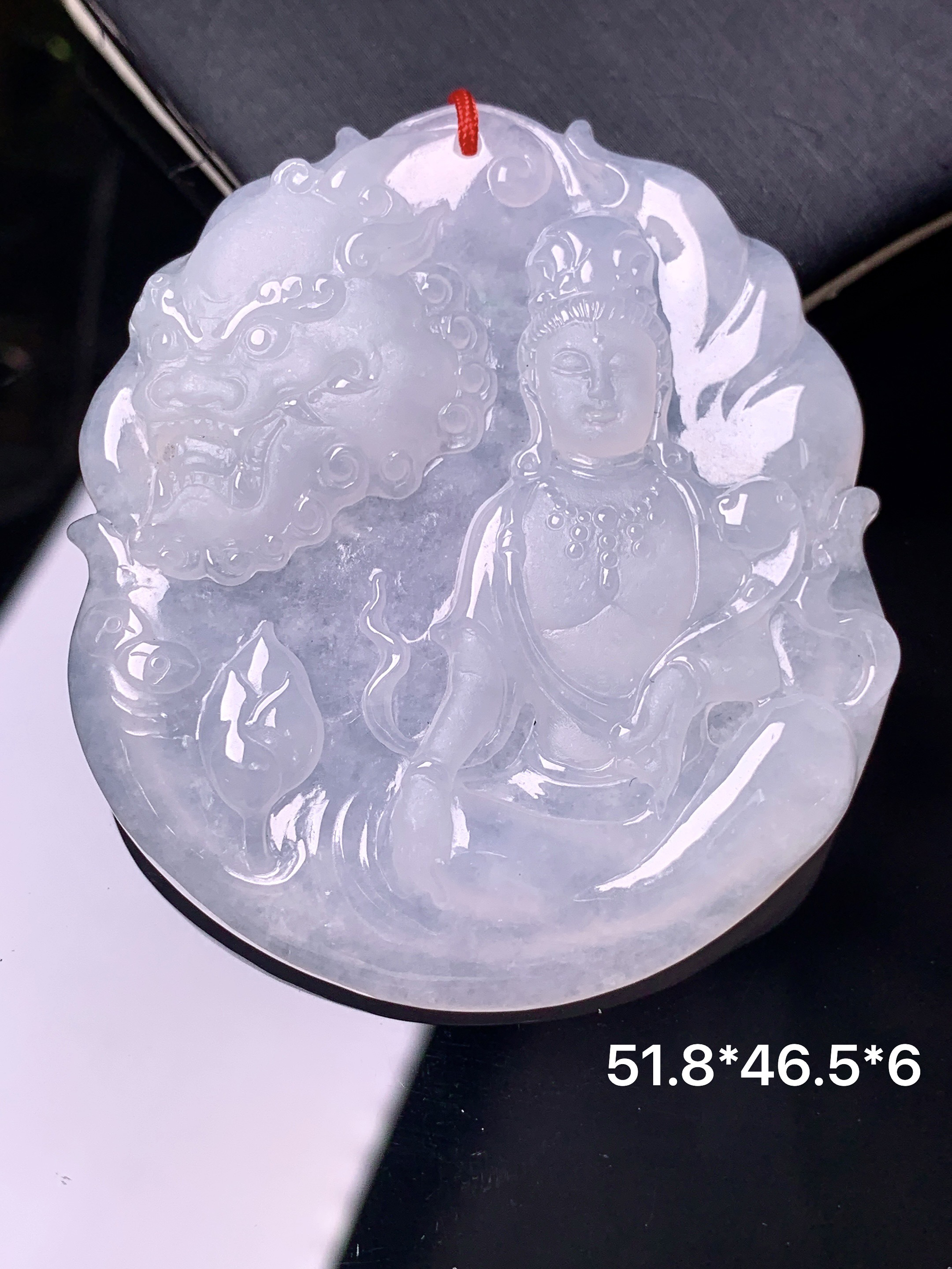 冰种文殊菩萨观音吊坠 玉质细腻 色泽艳丽清新 整体尺寸51.8*46.5*6 b2