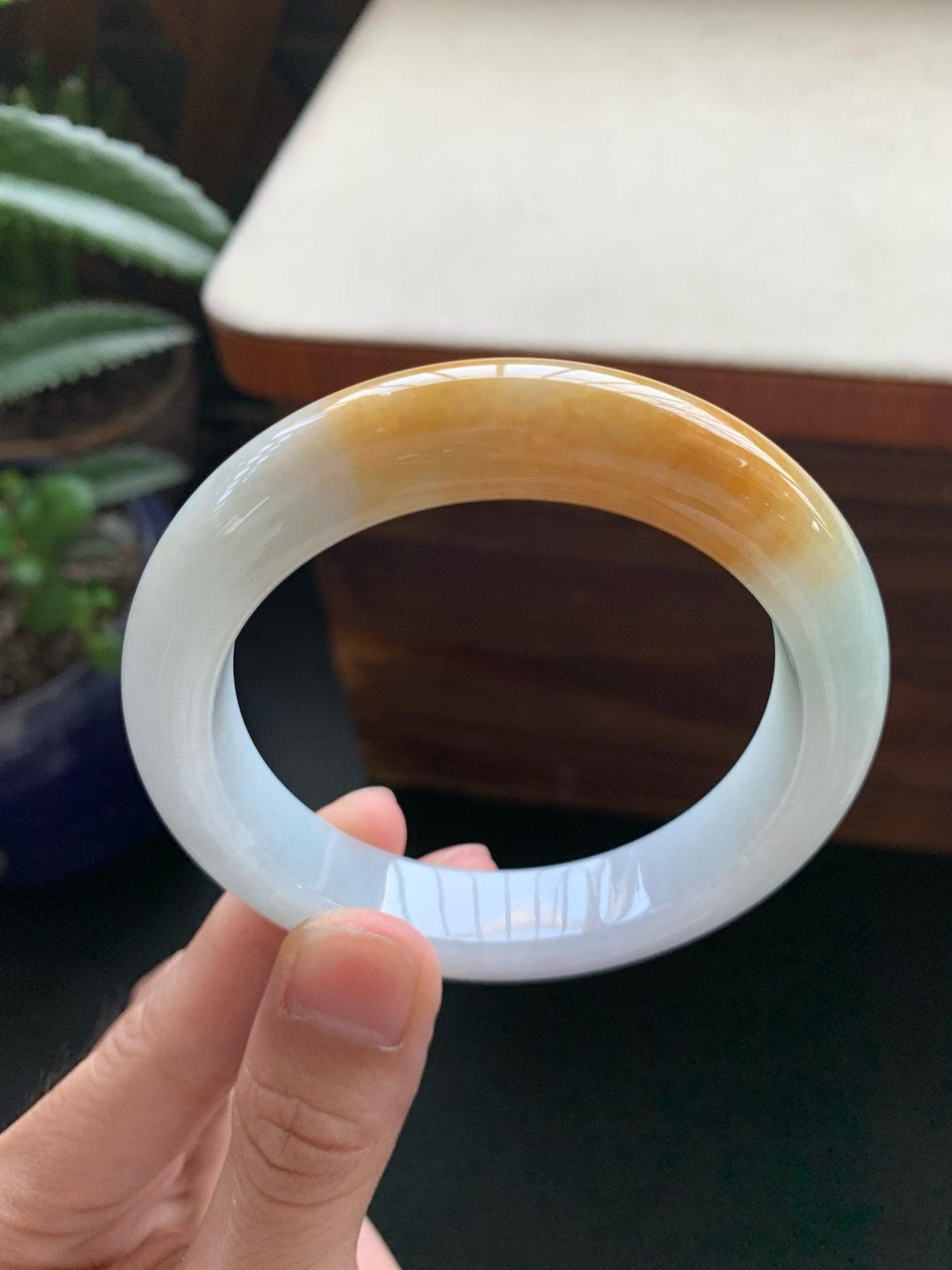 57圈口飘绿黄翡正圈手镯