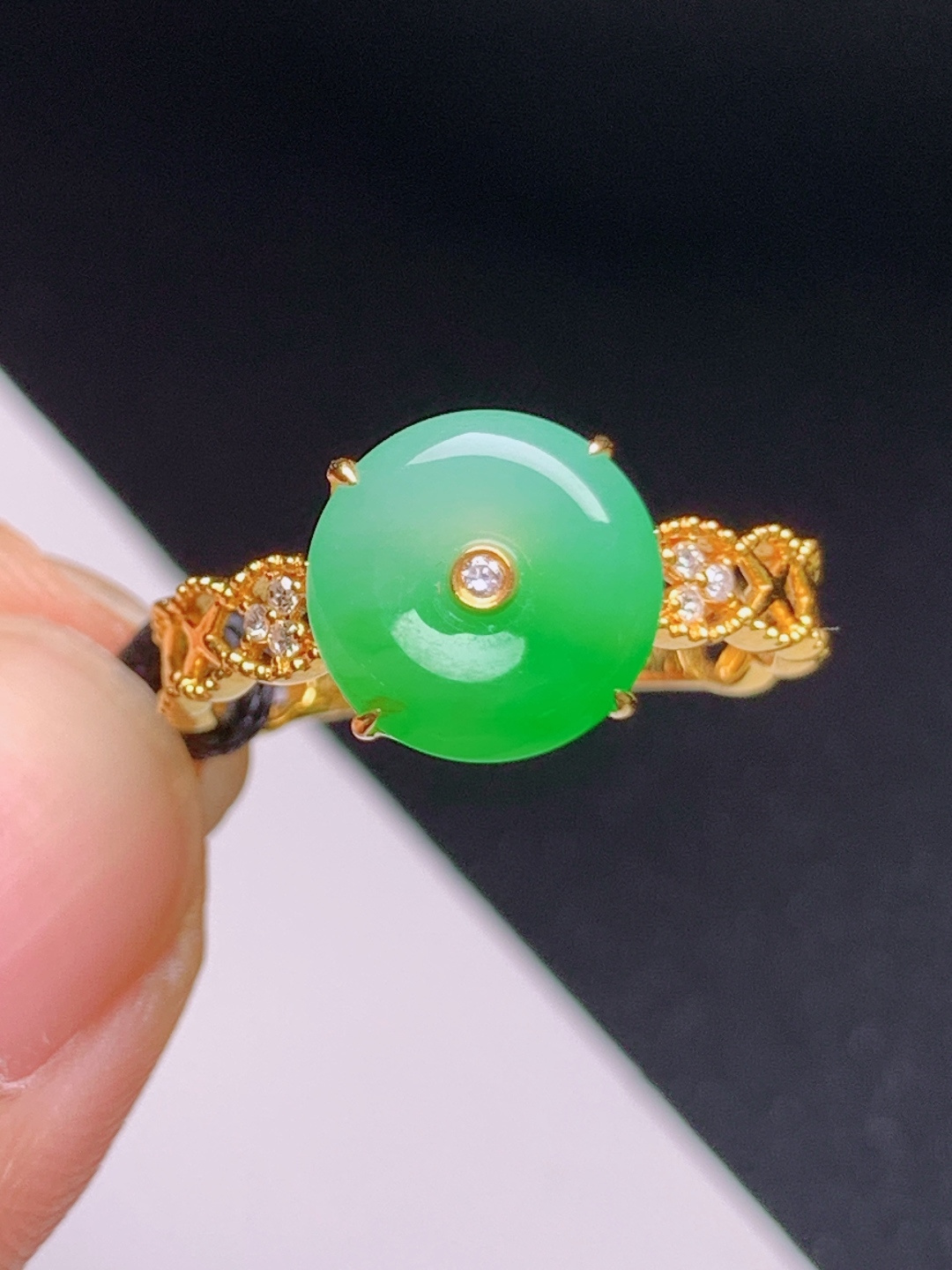 冰种绿平安扣戒指，料子温润清爽，18K黄金精工，简约大气 9007