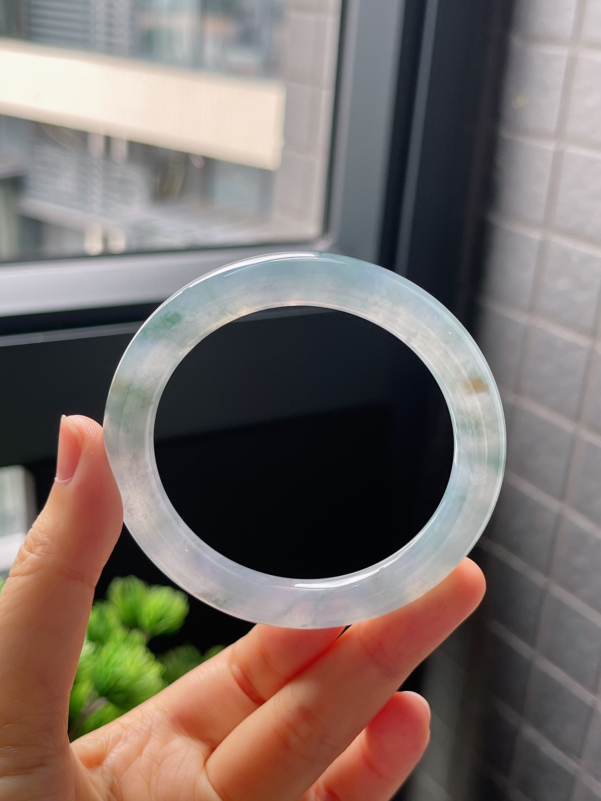 圈口52.3，冰糯种灰紫色翡翠圆条手镯