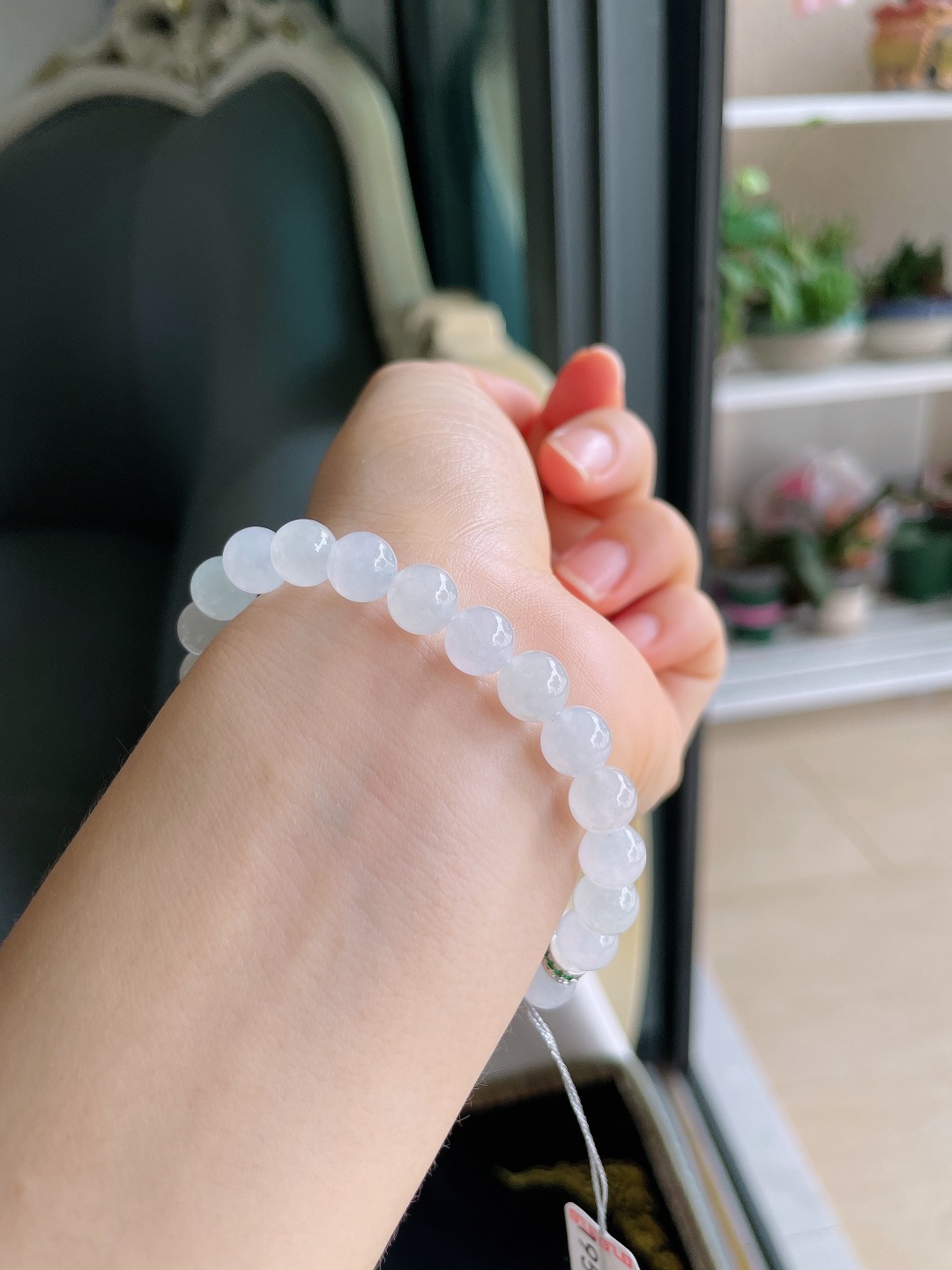 ️，缅甸天然翡翠A货，白冰手串，尺寸：7.8mm。【编4359】