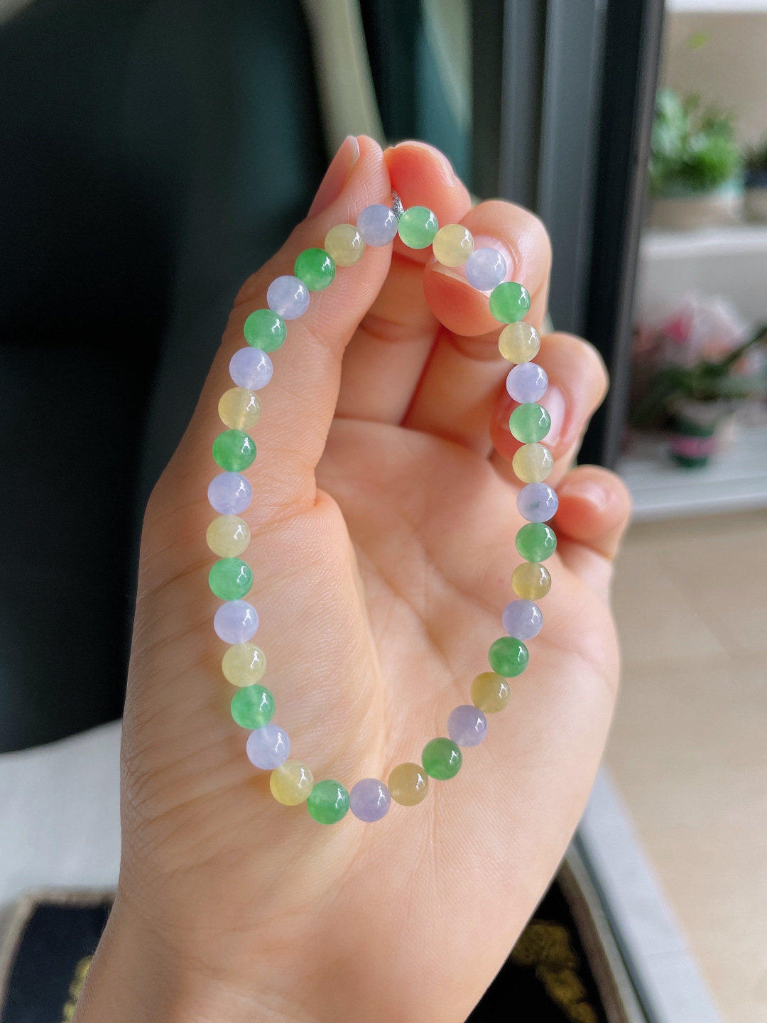 天然翡翠A货，冰种多宝马卡龙手串，尺寸：5mm。【编4259】
