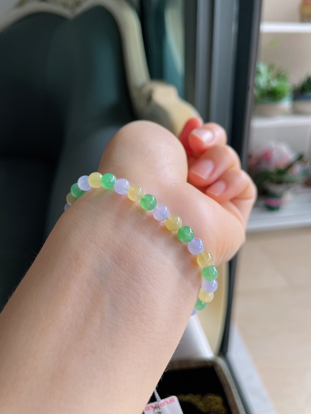 天然翡翠A货，冰种多宝马卡龙手串，尺寸：5mm。【编4259】