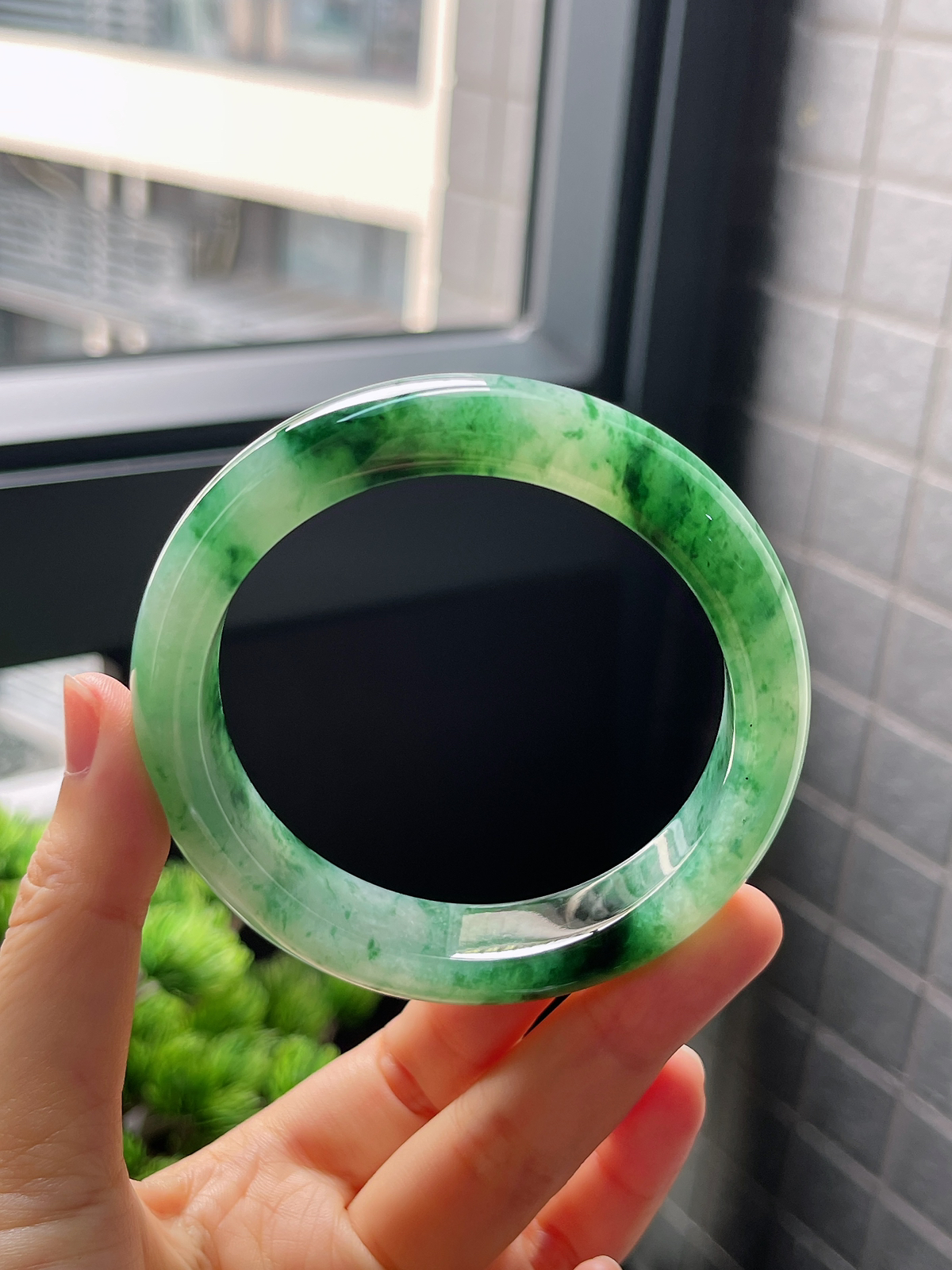 圈口58.4，冰糯种飘花翡翠正圈手镯