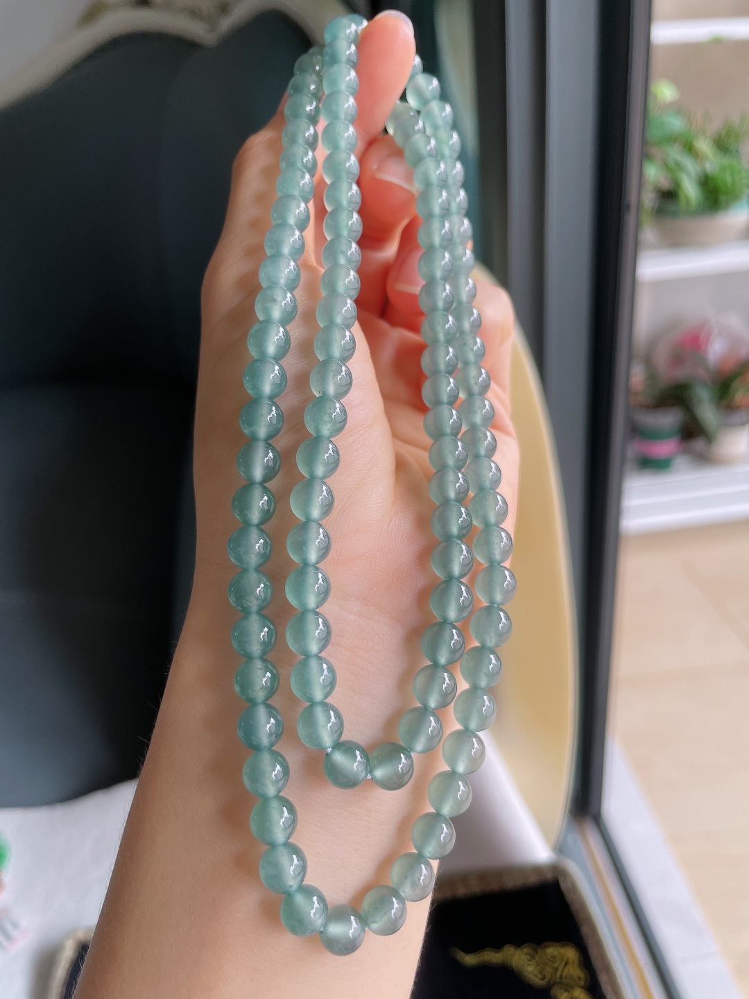 天然翡翠A货，冰蓝水珠链，尺寸：7mm97颗。【编3800】