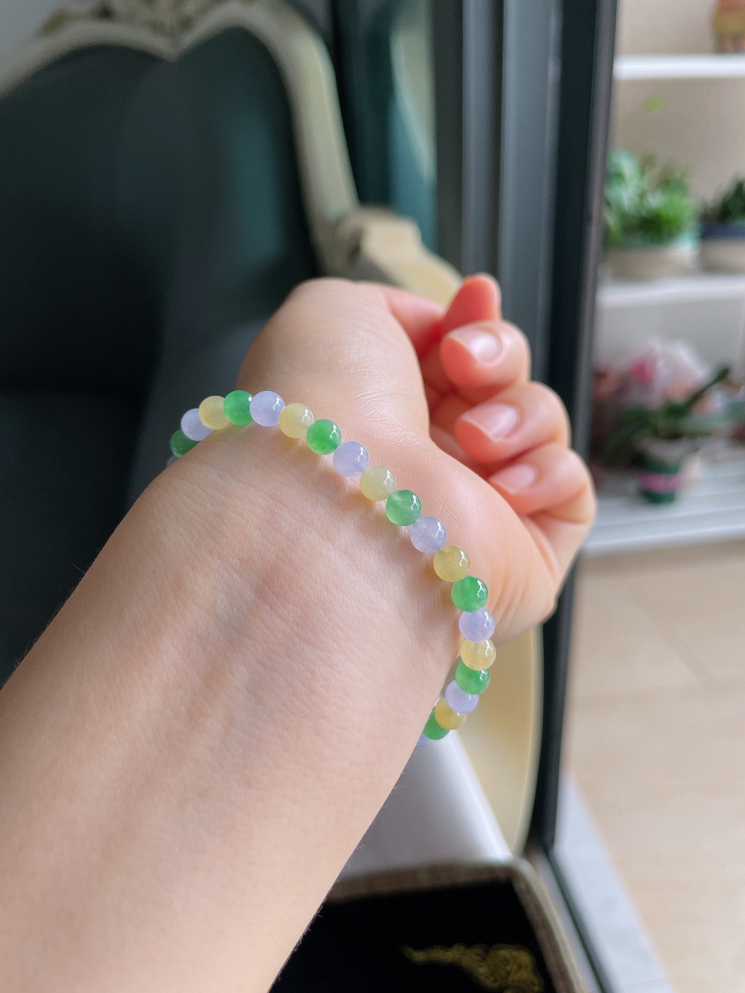天然翡翠A货，冰种多宝马卡龙手串，尺寸：5mm。【编4259】