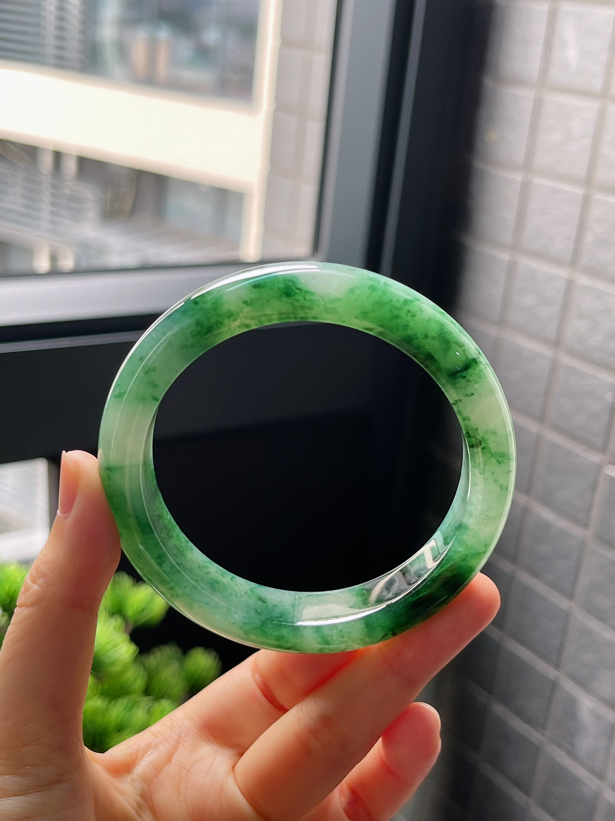 圈口58.4，冰糯种飘花翡翠正圈手镯
