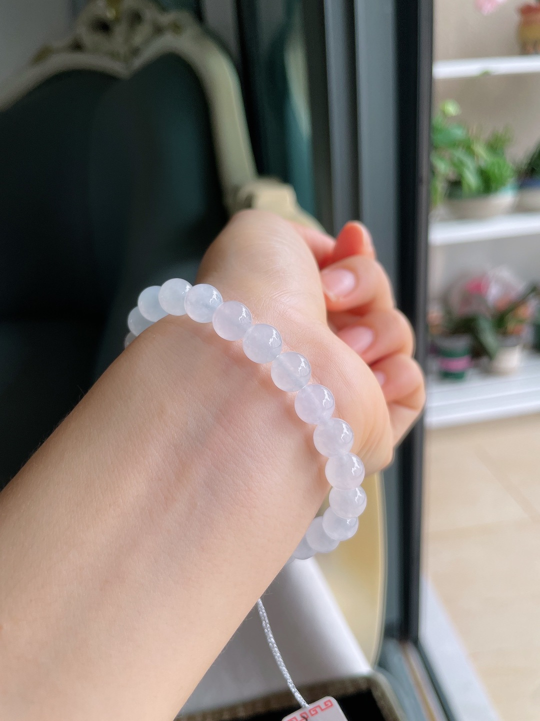 缅甸天然翡翠A货，白冰手串，尺寸：7.8mm。【编4343】