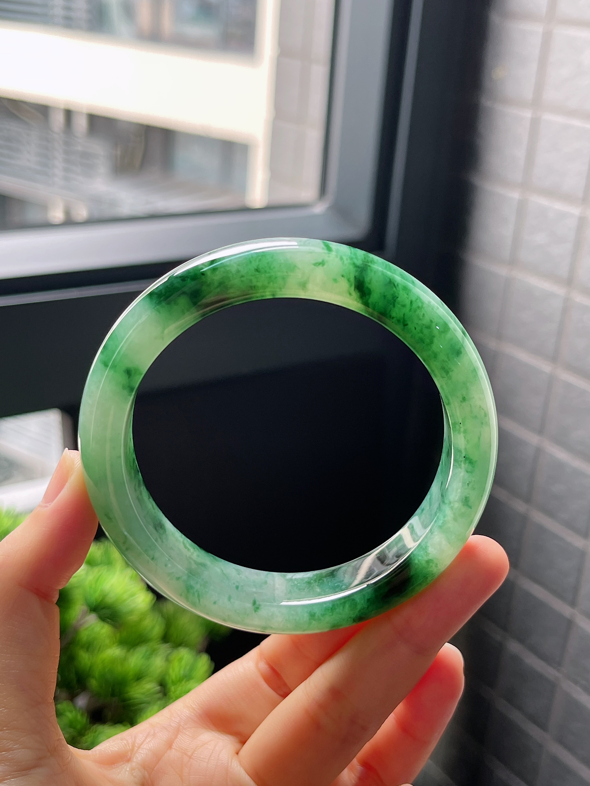 圈口58.4，冰糯种飘花翡翠正圈手镯