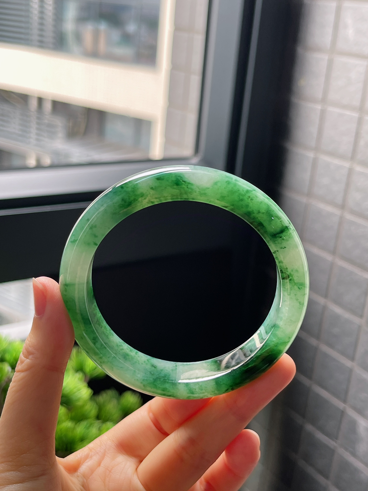 圈口58.4，冰糯种飘花翡翠正圈手镯