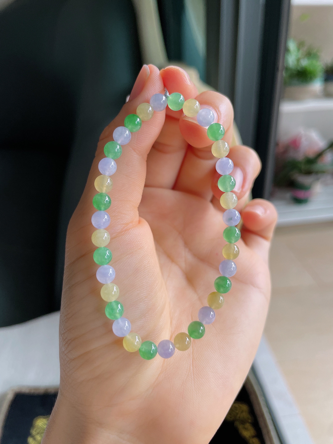 天然翡翠A货，冰种多宝马卡龙手串，尺寸：5mm。【编4259】