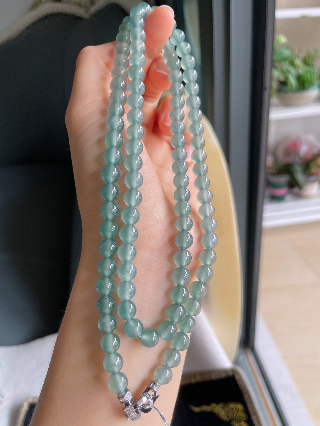 天然翡翠A货，冰蓝水珠链，尺寸：7mm97颗。【编3800】