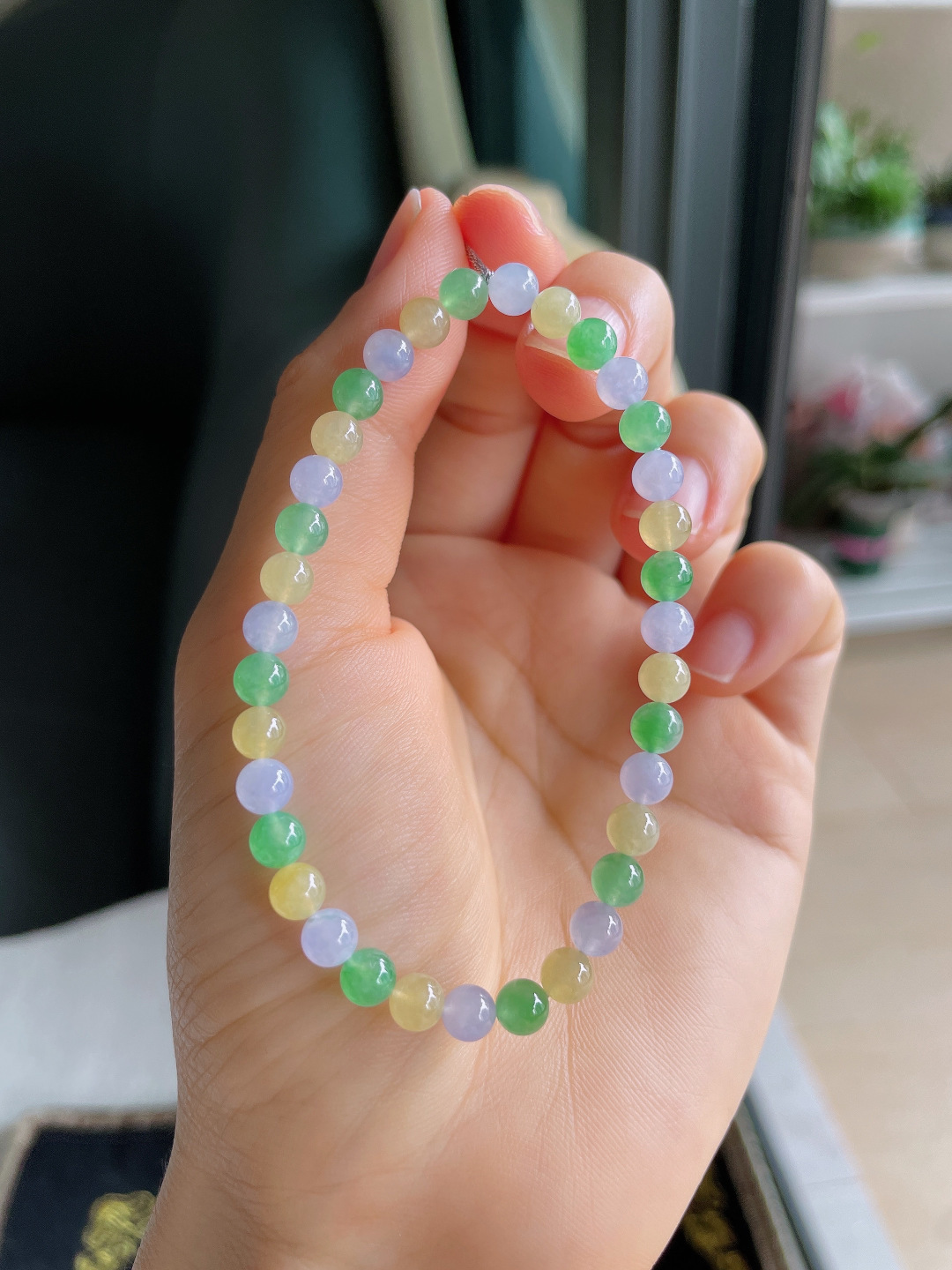 天然翡翠A货，冰种多宝马卡龙手串，尺寸：5mm。【编4259】