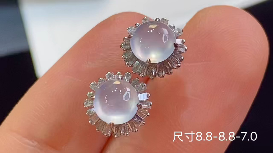 18k金+钻玻璃种蛋面耳钉，无裂，8.8-8.8-7.0