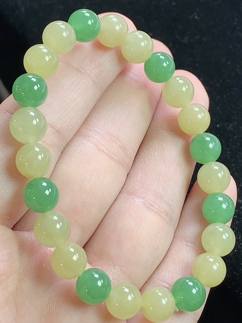 黄加绿冰双彩玉珠手串，尺寸7.7mm，Q15qyd