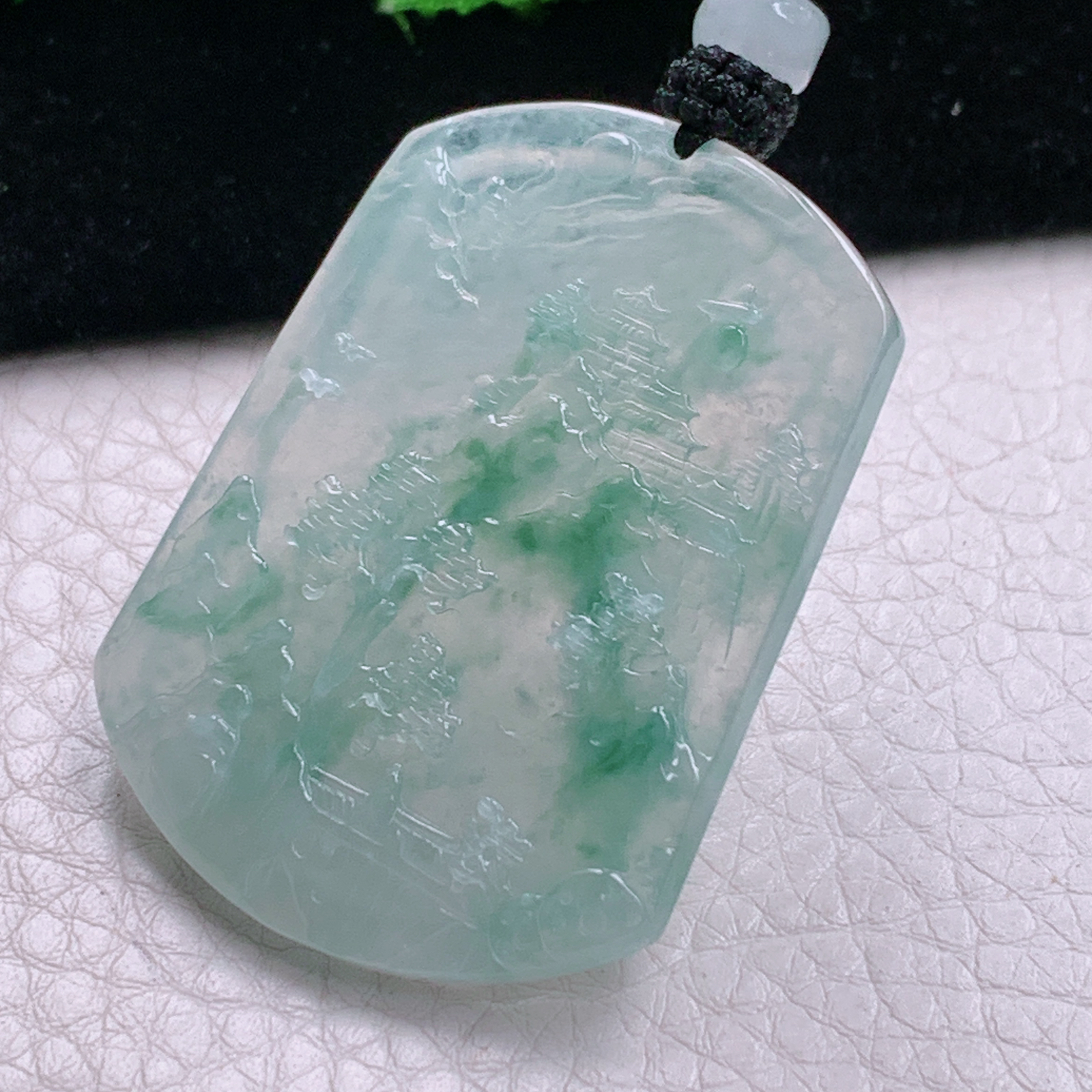 Cys实拍47.3*35.8*4.8天然缅甸翡翠冰透花山水牌吊坠悠然自得