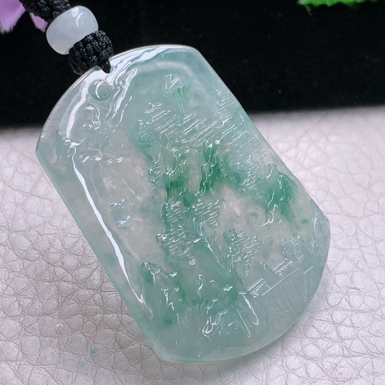 Cys实拍47.3*35.8*4.8天然缅甸翡翠冰透花山水牌吊坠悠然自得
