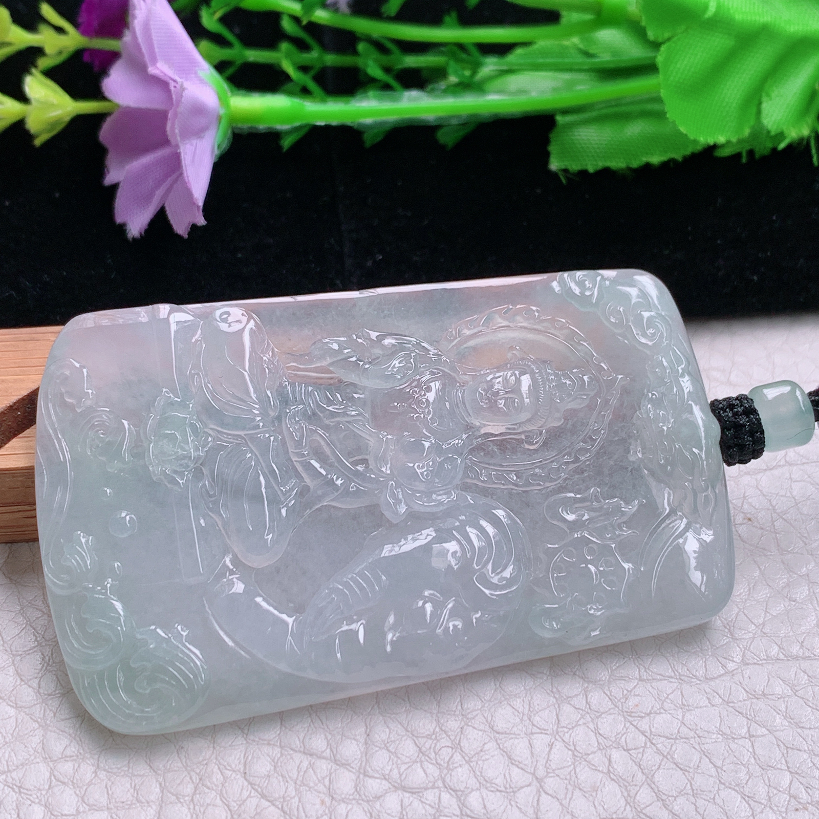 Cys实拍71*44.5*5.5天然缅甸翡翠冰种普贤观音菩萨吊坠